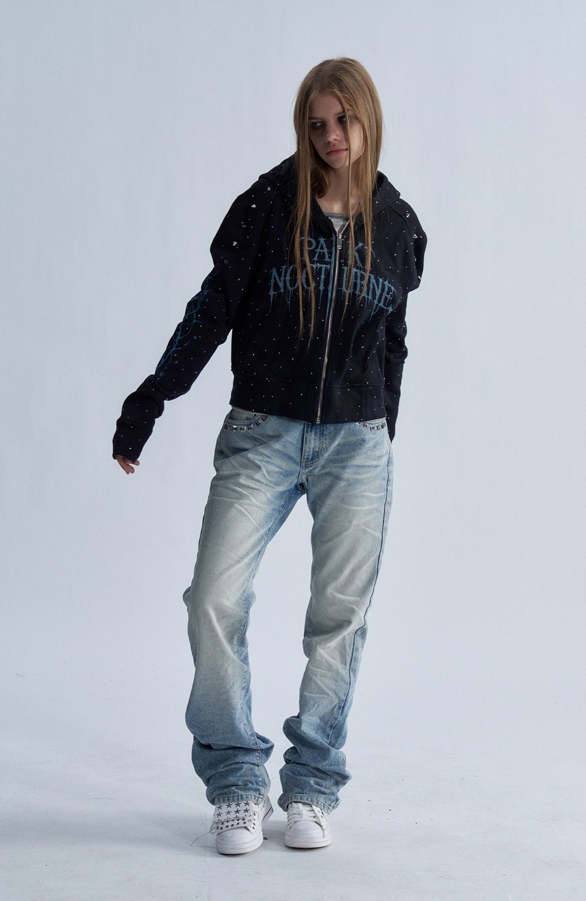 PAIKI Studded Rhinestone Zip-Up Hoodie