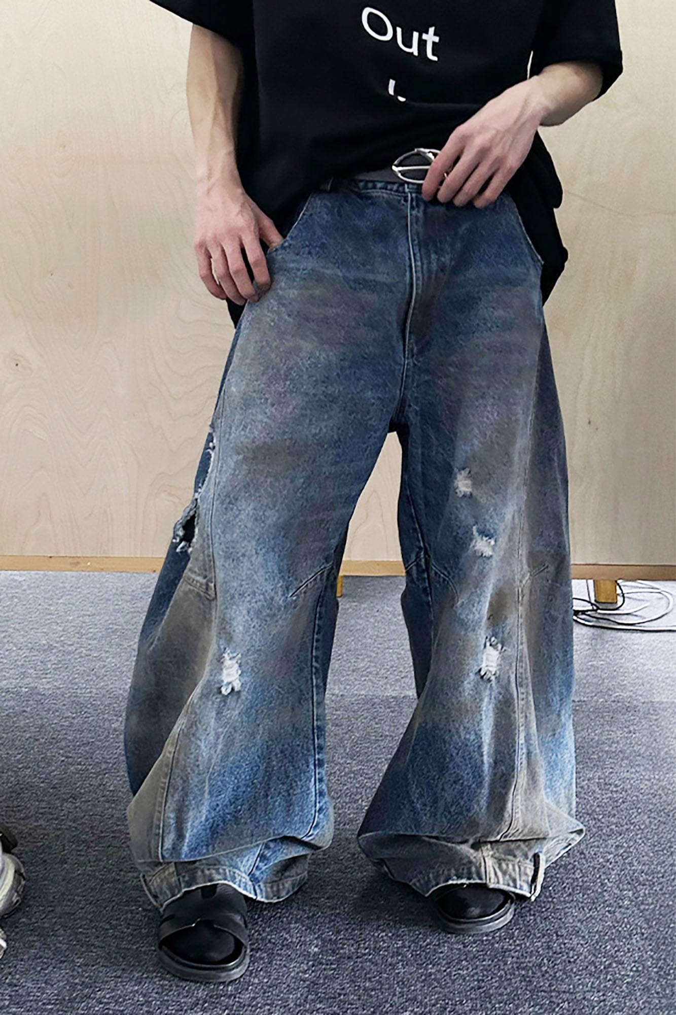 TRIANGLE PROJECT Distressed Dirty-Washed Oversized Jeans, premium urban and streetwear designers apparel on PROJECTISR.com, TRIANGLE PROJECT