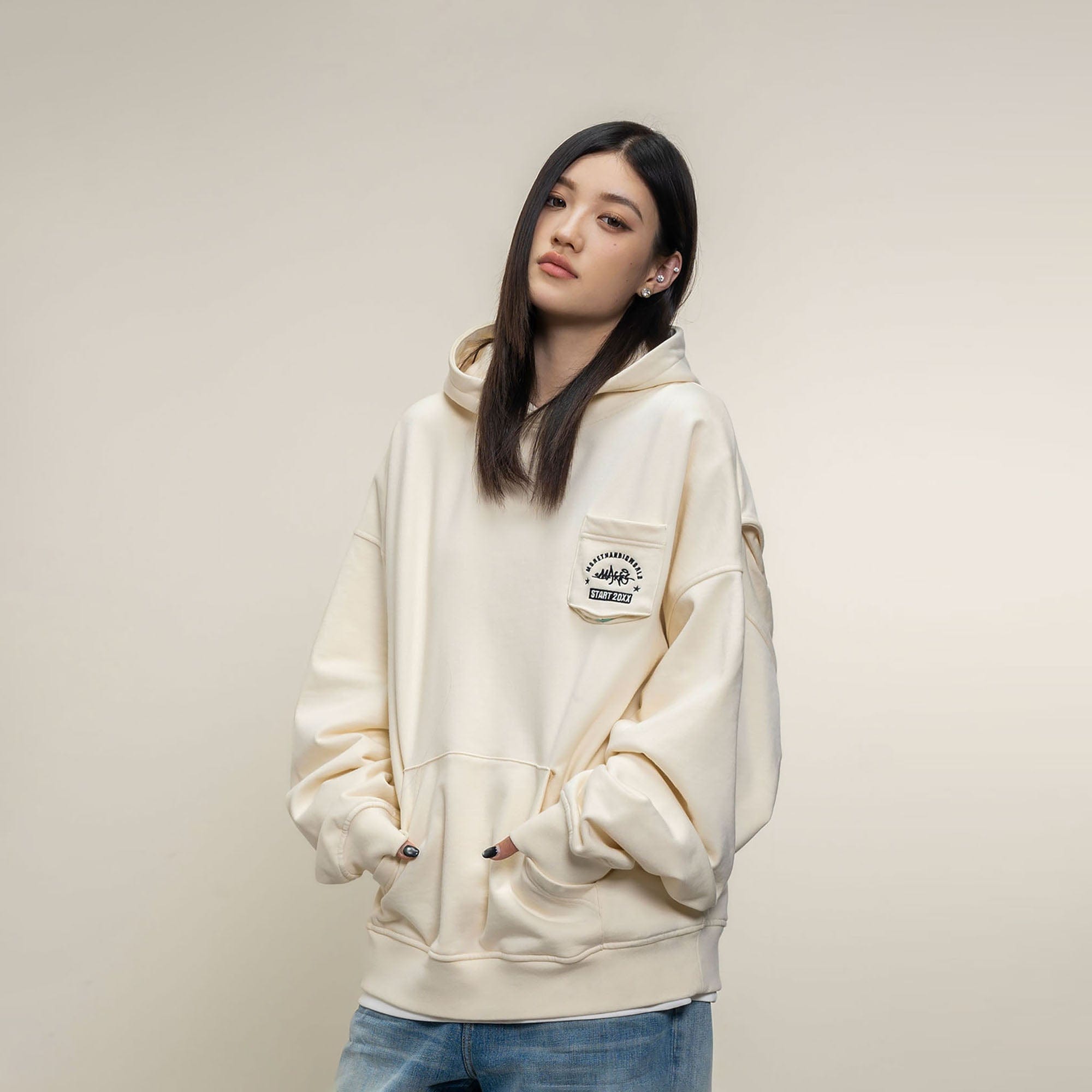 MAKEMORE Faux-Layer Embroidered Pocket Hoodie, premium urban and streetwear designers apparel on PROJECTISR.com, MAKEMORE