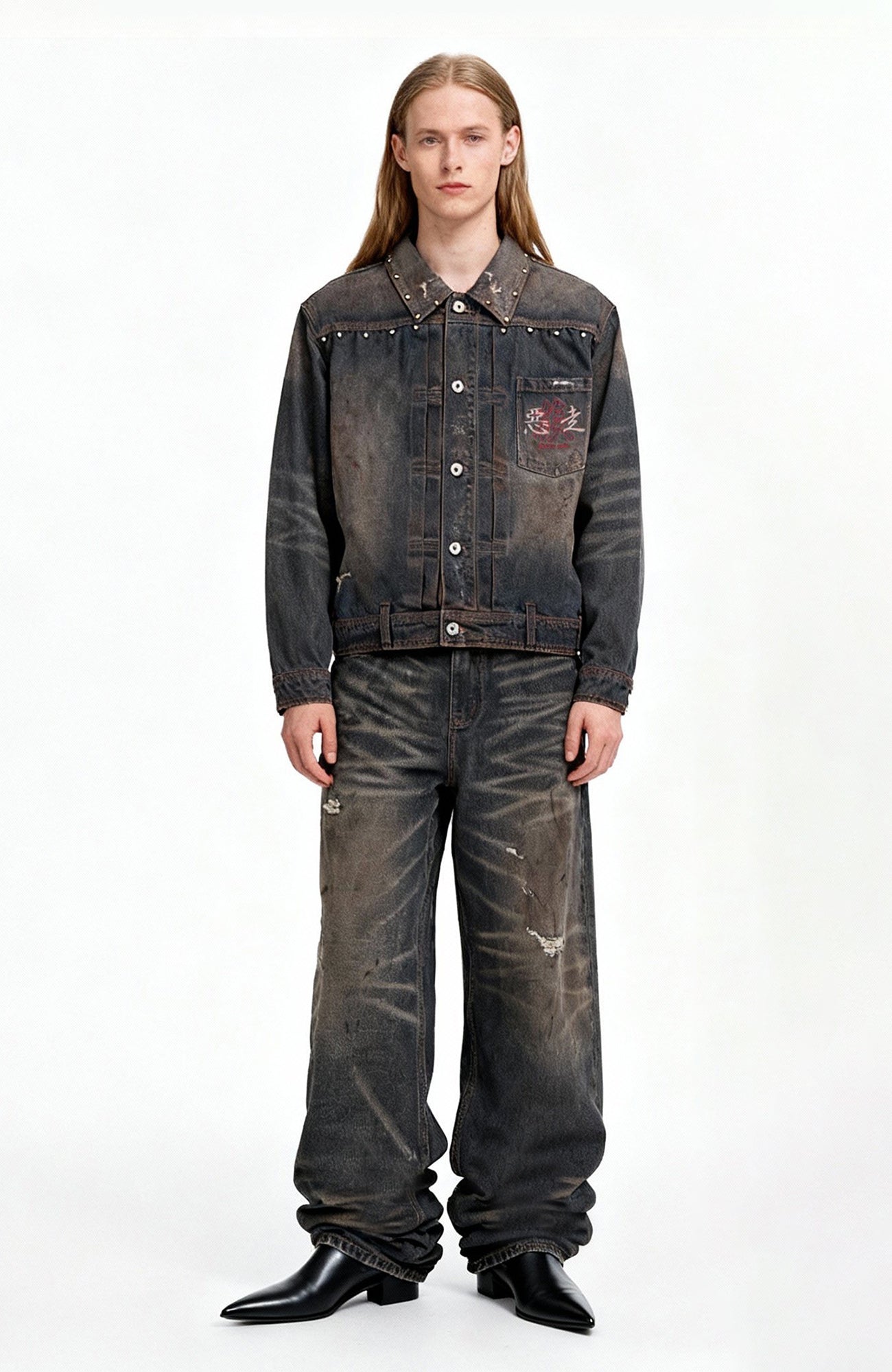 REGEN ZONE Distressed Whisker Baggy Wide-Leg Jeans