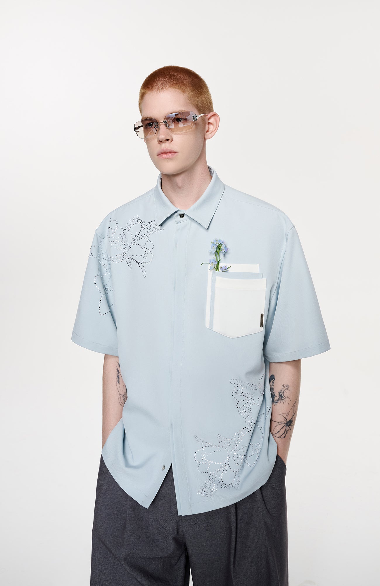 TIWILLTANG Floral Diamond Layered Pocket Half Shirt