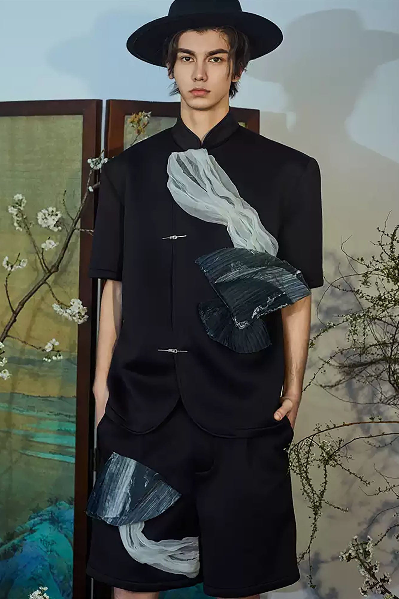 JIECHI Crinkled Tulle Layered Mandarin Collar Half Shirt, premium urban and streetwear designers apparel on PROJECTISR.com, JIECHI