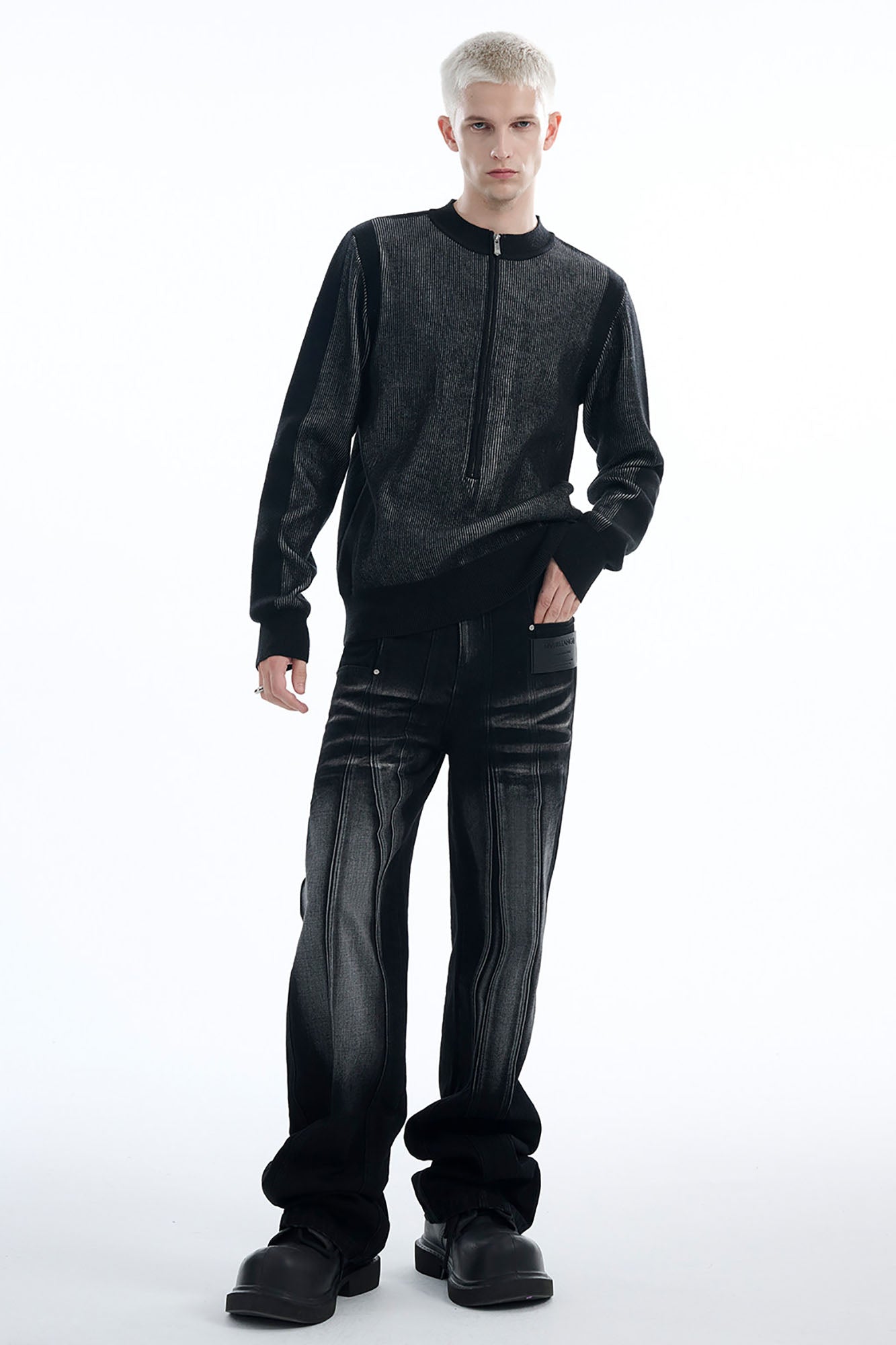 TIWILLTANG Whiskering Washed Panel Straight-Leg Jeans, premium urban and streetwear designers apparel on PROJECTISR.com, TIWILLTANG