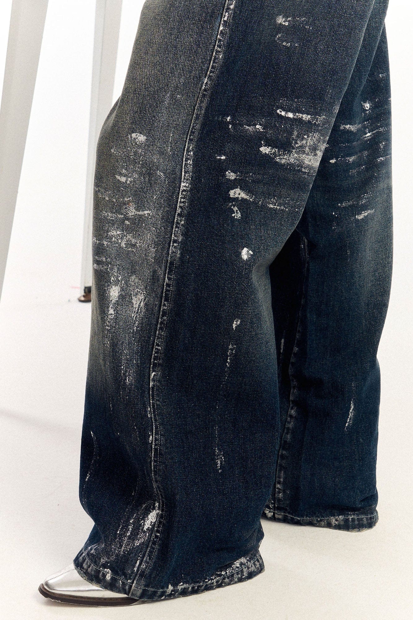 OIPWORD Silver-Brushed Distressed Wide-Leg Jeans, premium urban and streetwear designers apparel on PROJECTISR.com, OIPWORD
