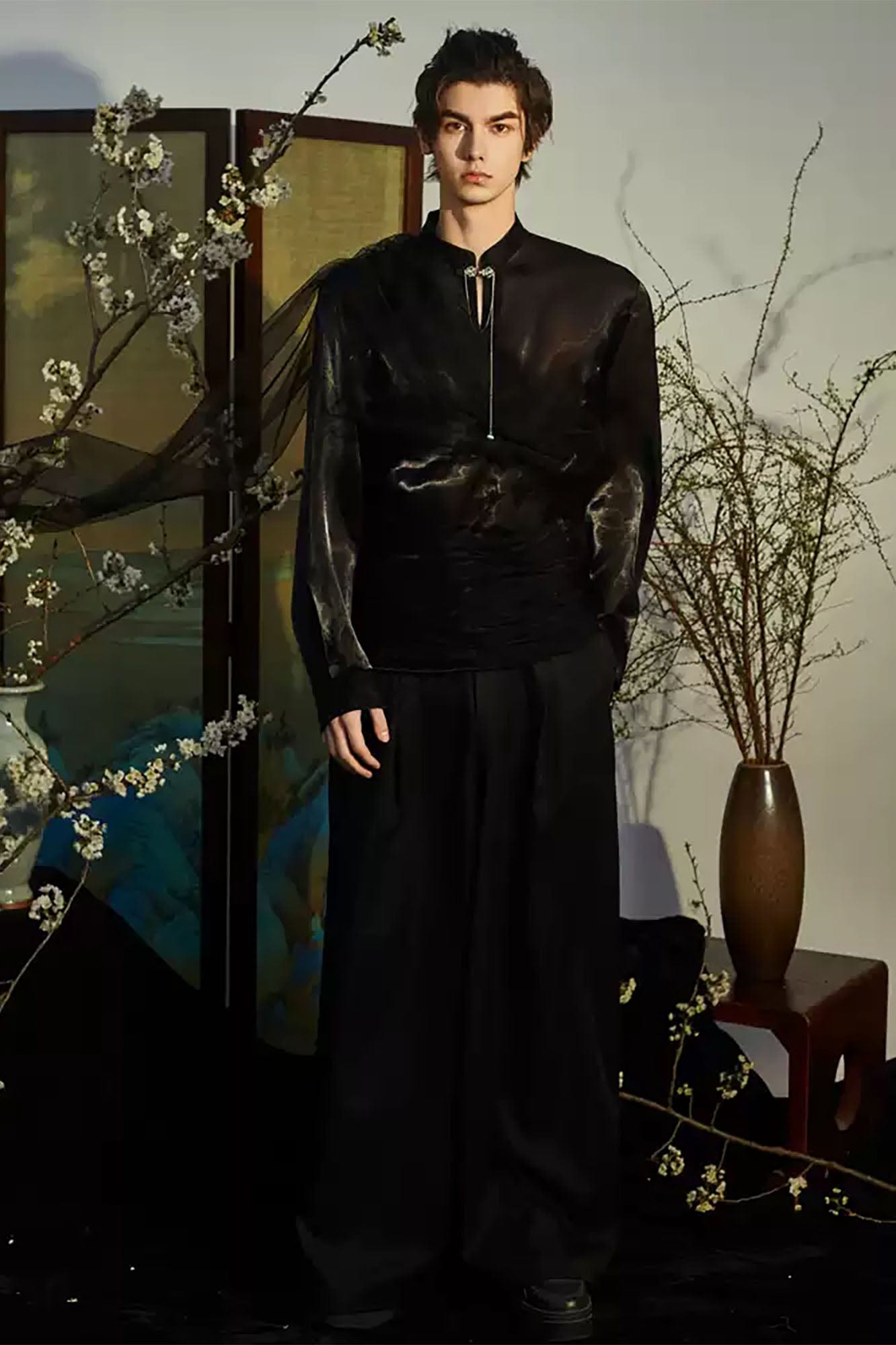 JIECHI Draped Sheer Brooch Organza Shirt, premium urban and streetwear designers apparel on PROJECTISR.com, JIECHI