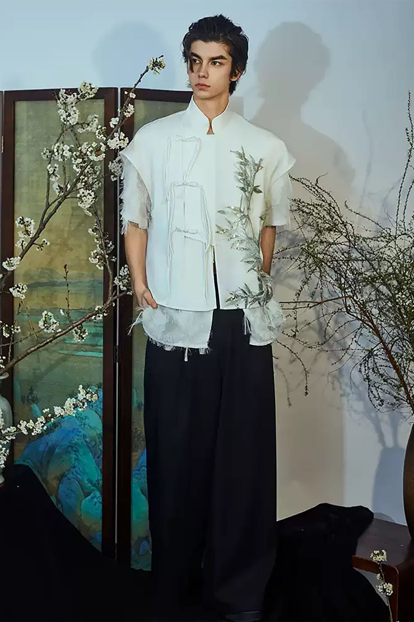 JIECHI Embroidered Bamboo Layered Mandarin Collar Half Shirt, premium urban and streetwear designers apparel on PROJECTISR.com, JIECHI