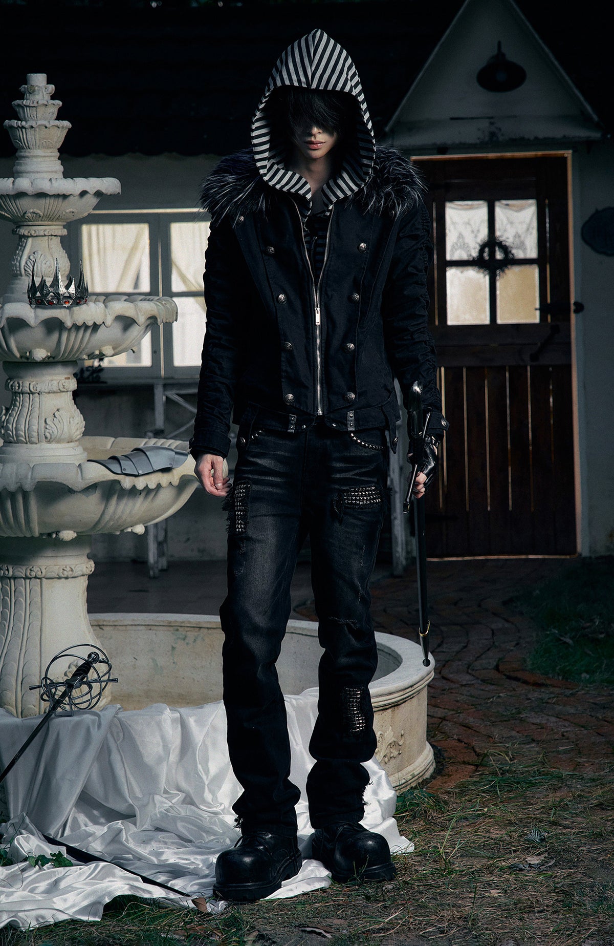 PAIKI Detachable Fur-Collar Canvas Double-Breasted Jacket
