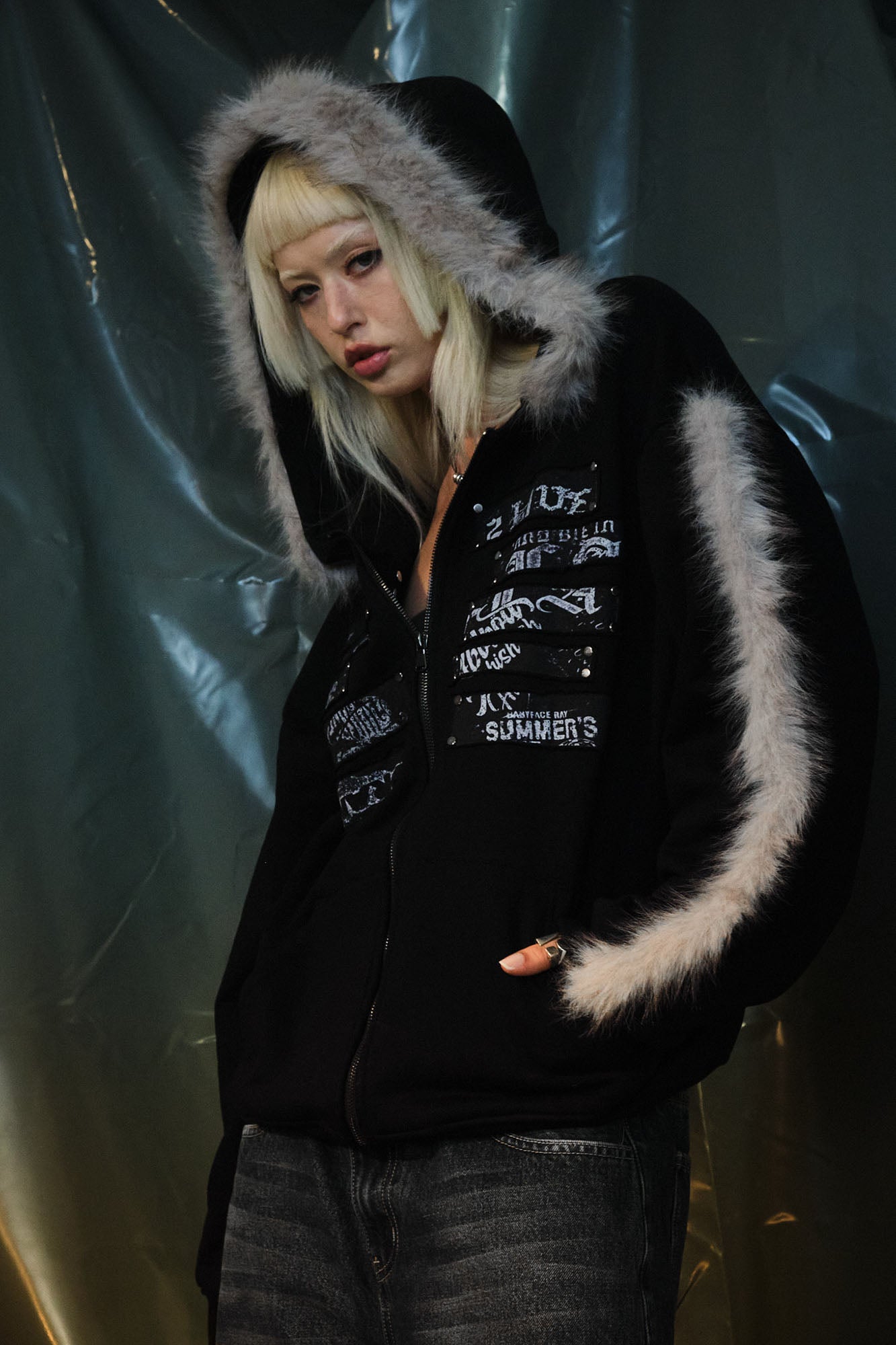 RECOVER ZONE Faux Fur Trim Graphic Zip-Up Hoodie