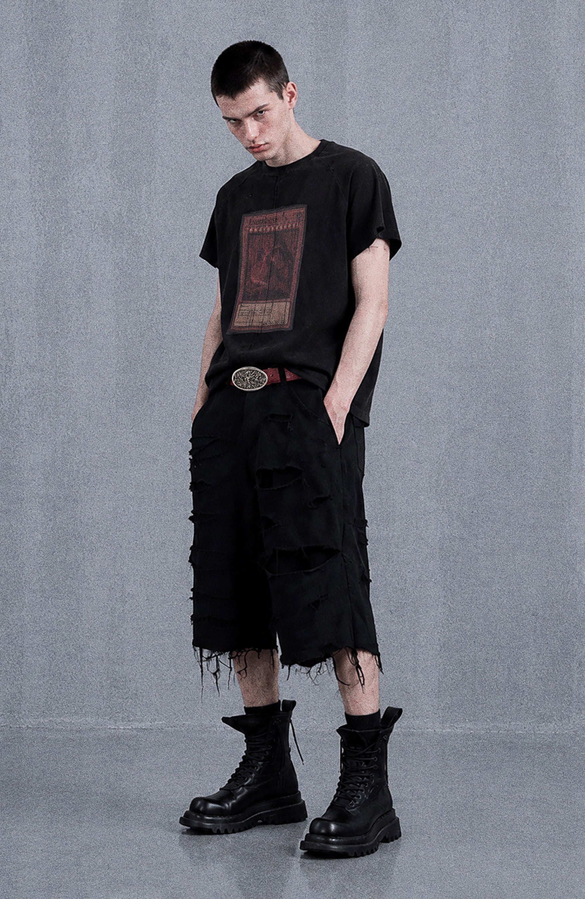 UNDERWATER Distressed Raw Edge Denim Shorts