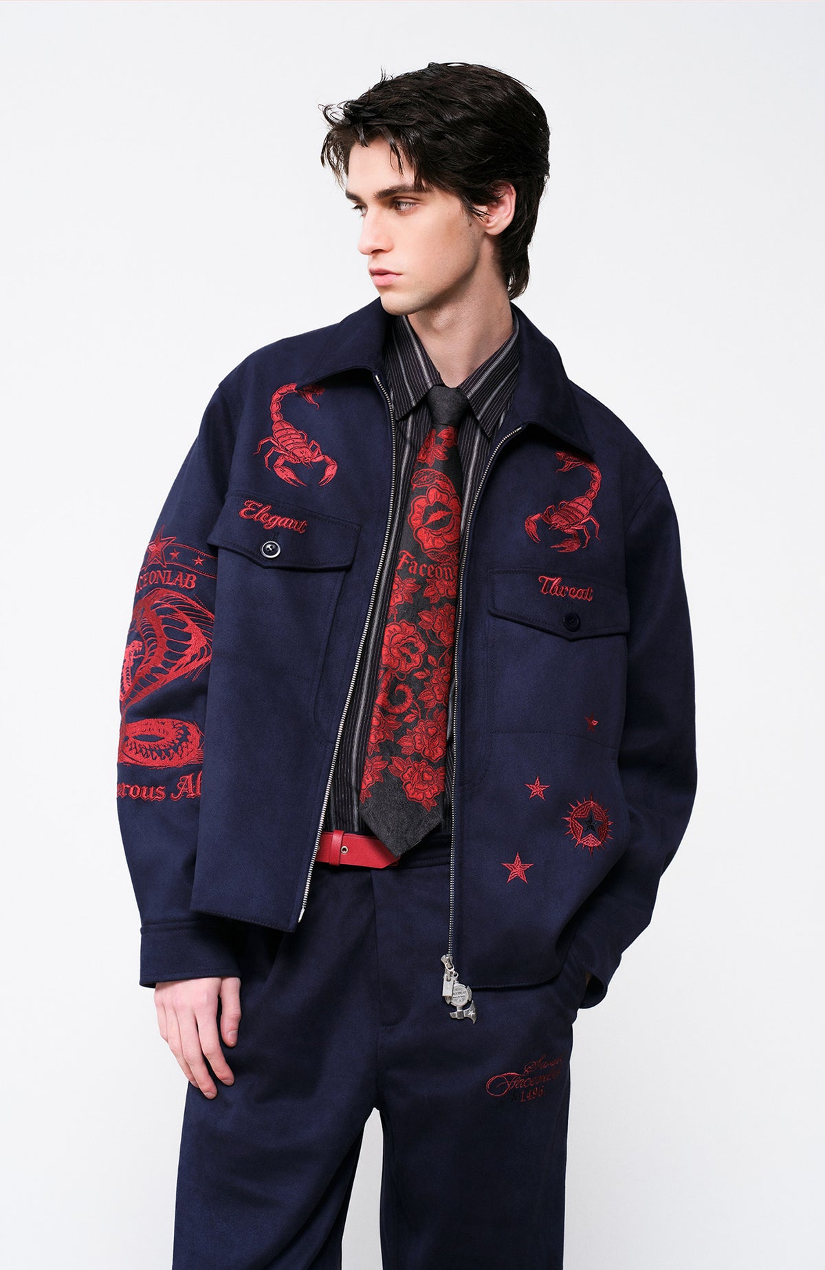 FACEONLAB Embroidered Faux Leather Jacket