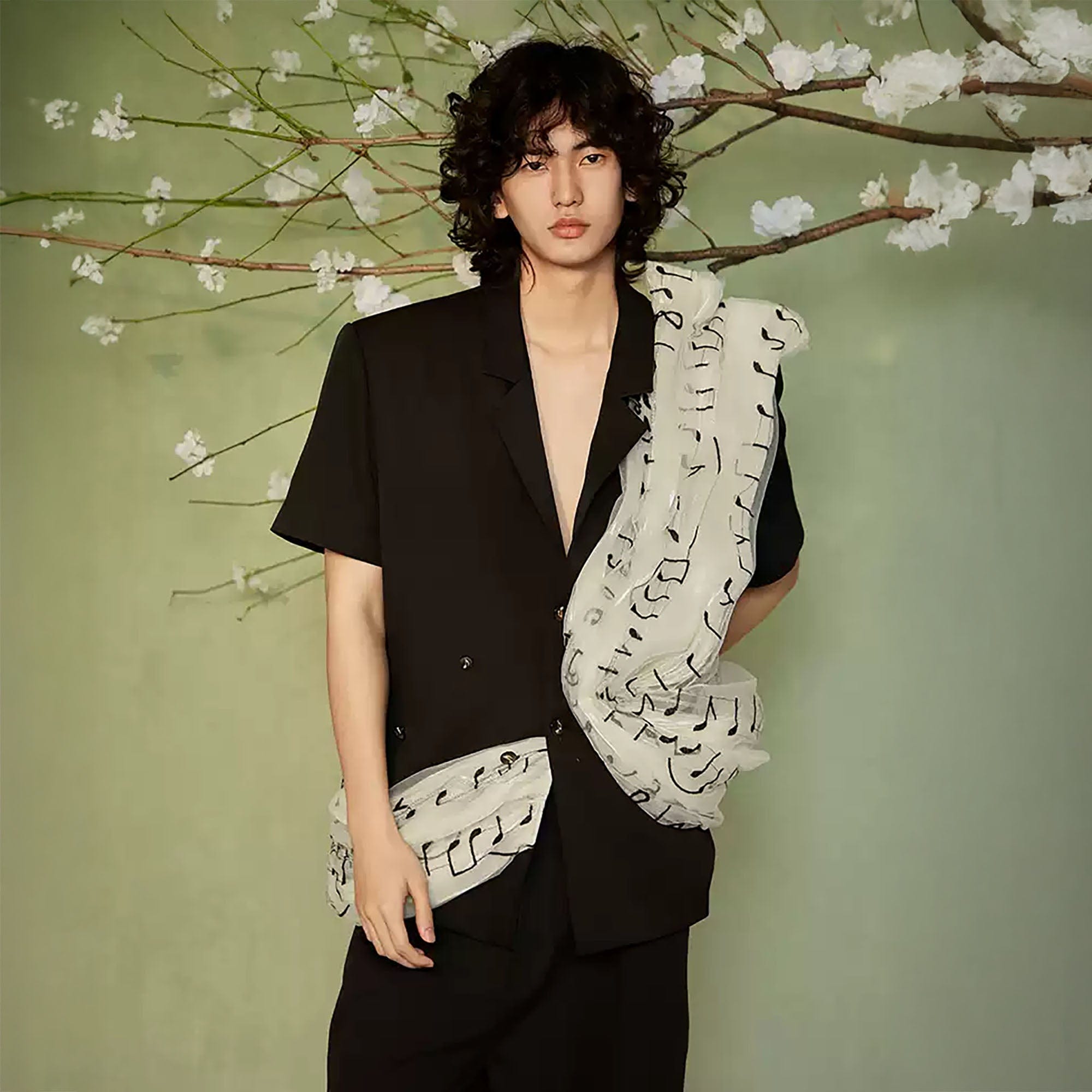 JIECHI Musical Score Layered Tulle Drape Half Shirt, premium urban and streetwear designers apparel on PROJECTISR.com, JIECHI