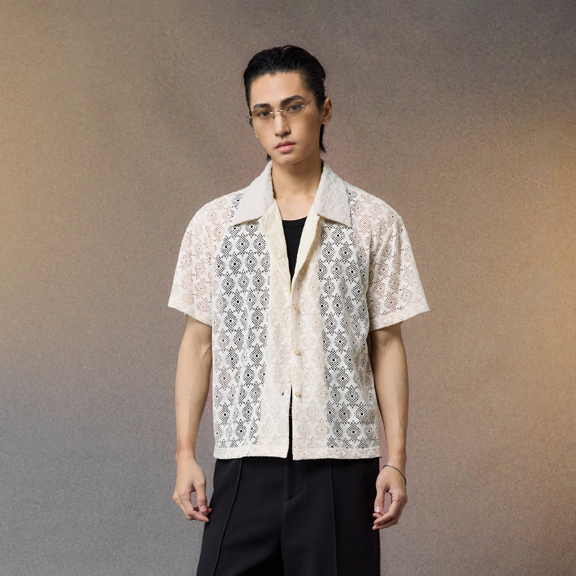 ALVNG AR ANTS Open-Knit Diamond Panel Short-Sleeve Shirt, premium urban and streetwear designers apparel on PROJECTISR.com, ALVNG AR ANTS