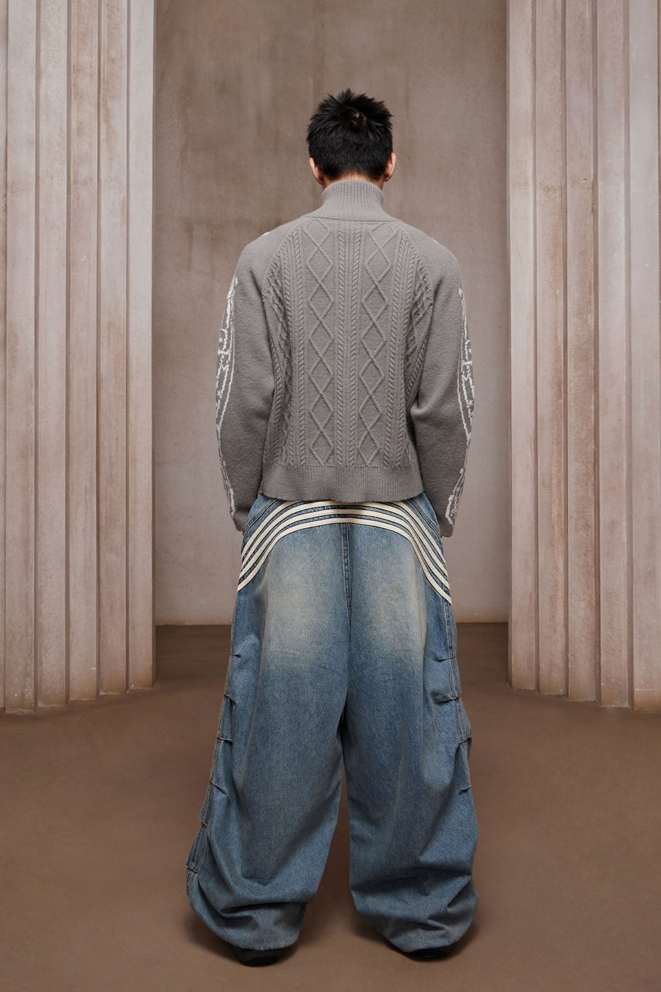 DND4DES Cable-Knit Music Stripes Zip Cardigan