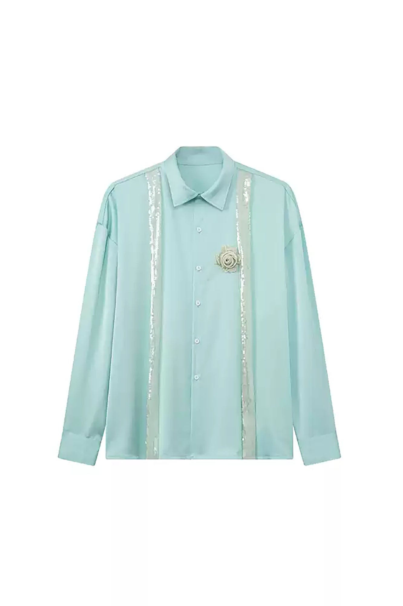 JIECHI Bloom Sequin-Draped Satin Shirt Aqua, premium urban and streetwear designers apparel on PROJECTISR.com, JIECHI