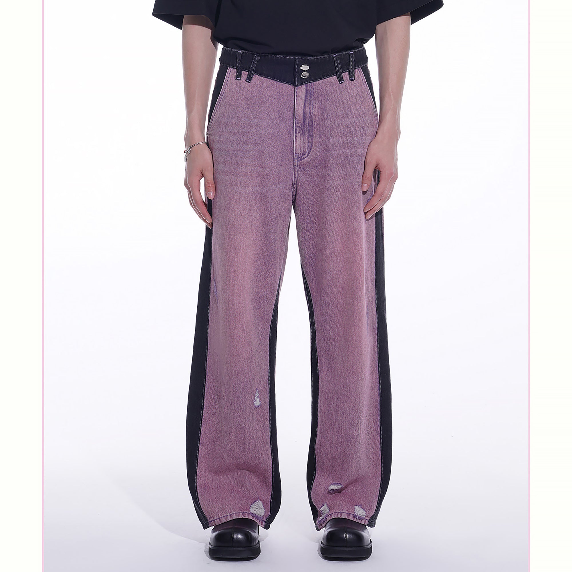 TIWILLTANG Distressed Contrast Paneled Wide-Leg Jeans