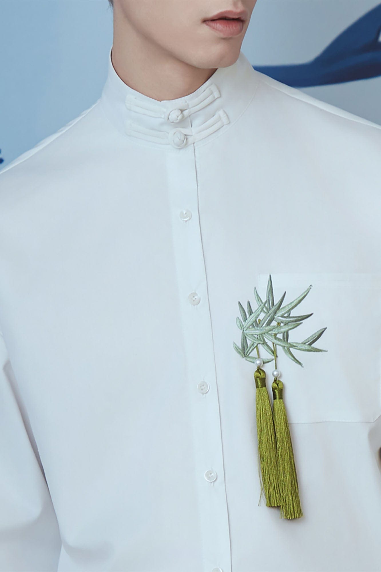 JIECHI Bamboo Tassel Embroidered Mandarin Shirt, premium urban and streetwear designers apparel on PROJECTISR.com, JIECHI