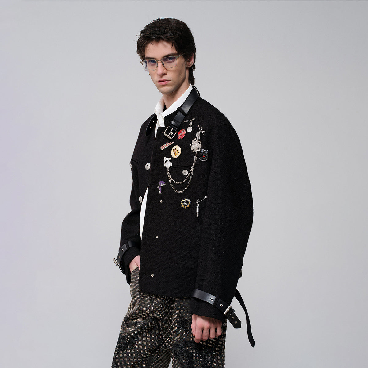 FACEONLAB Leather-Collar Medal Embellished Jacket