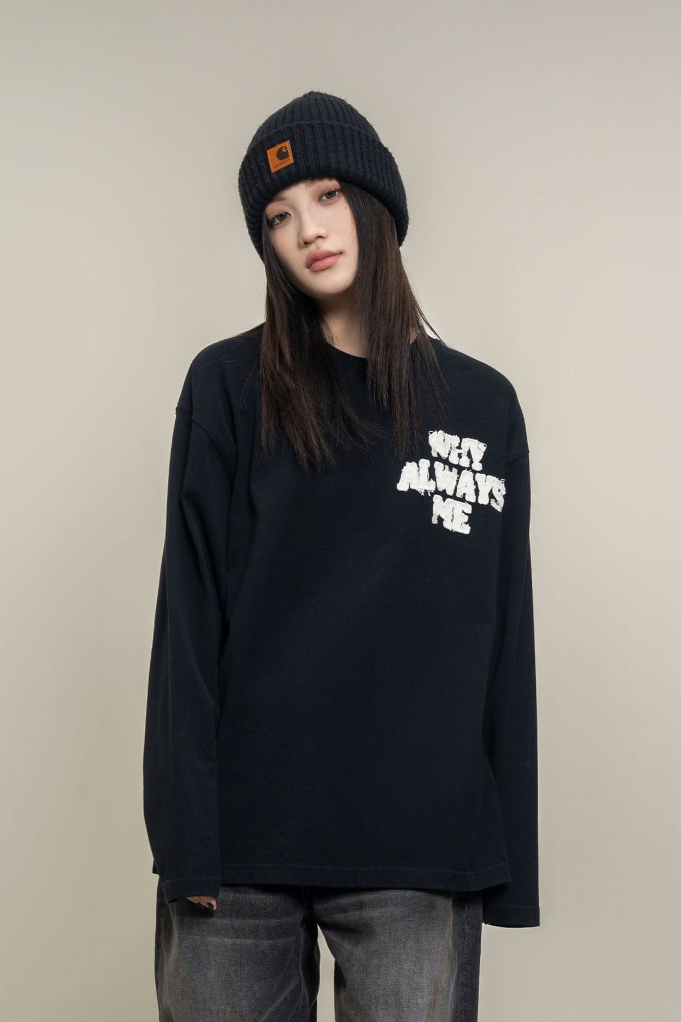 MAKEMORE Text Graphic Patch Long-Sleeve Tee, premium urban and streetwear designers apparel on PROJECTISR.com, MAKEMORE