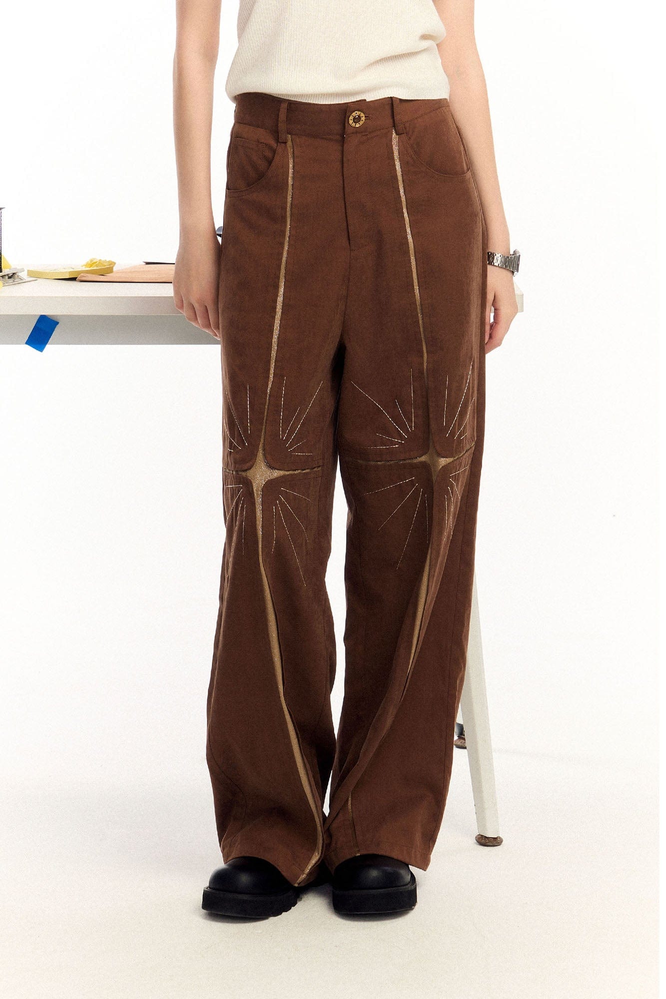 OIPWORD Middle Radiant Star Panel Wide-Leg Pants, premium urban and streetwear designers apparel on PROJECTISR.com, OIPWORD