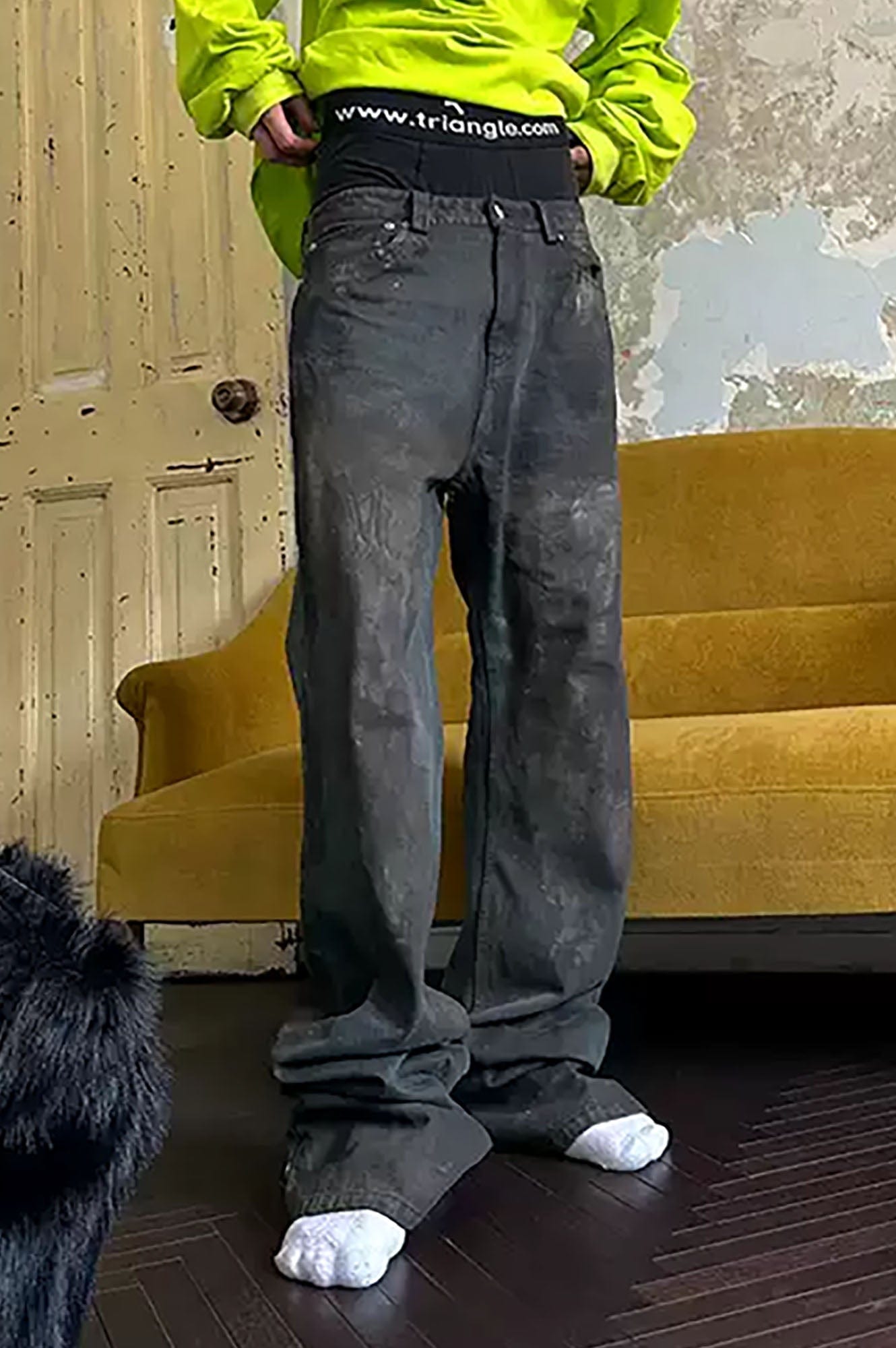 TRIANGLE PROJECT Dirty-Washed Paint-Splattered Straight-Leg Denim Pants, premium urban and streetwear designers apparel on PROJECTISR.com, TRIANGLE PROJECT