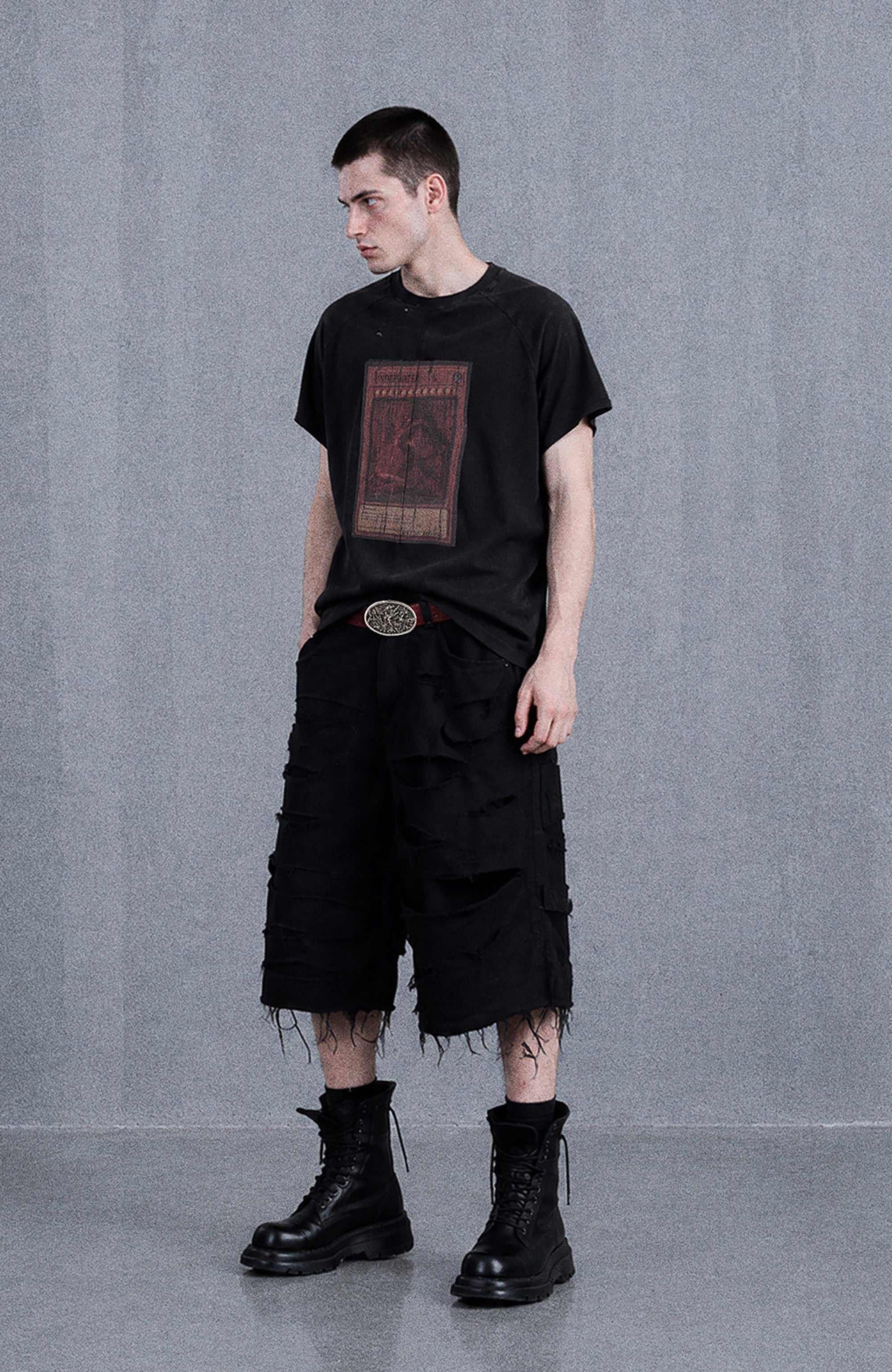 UNDERWATER Distressed Raw Edge Denim Shorts