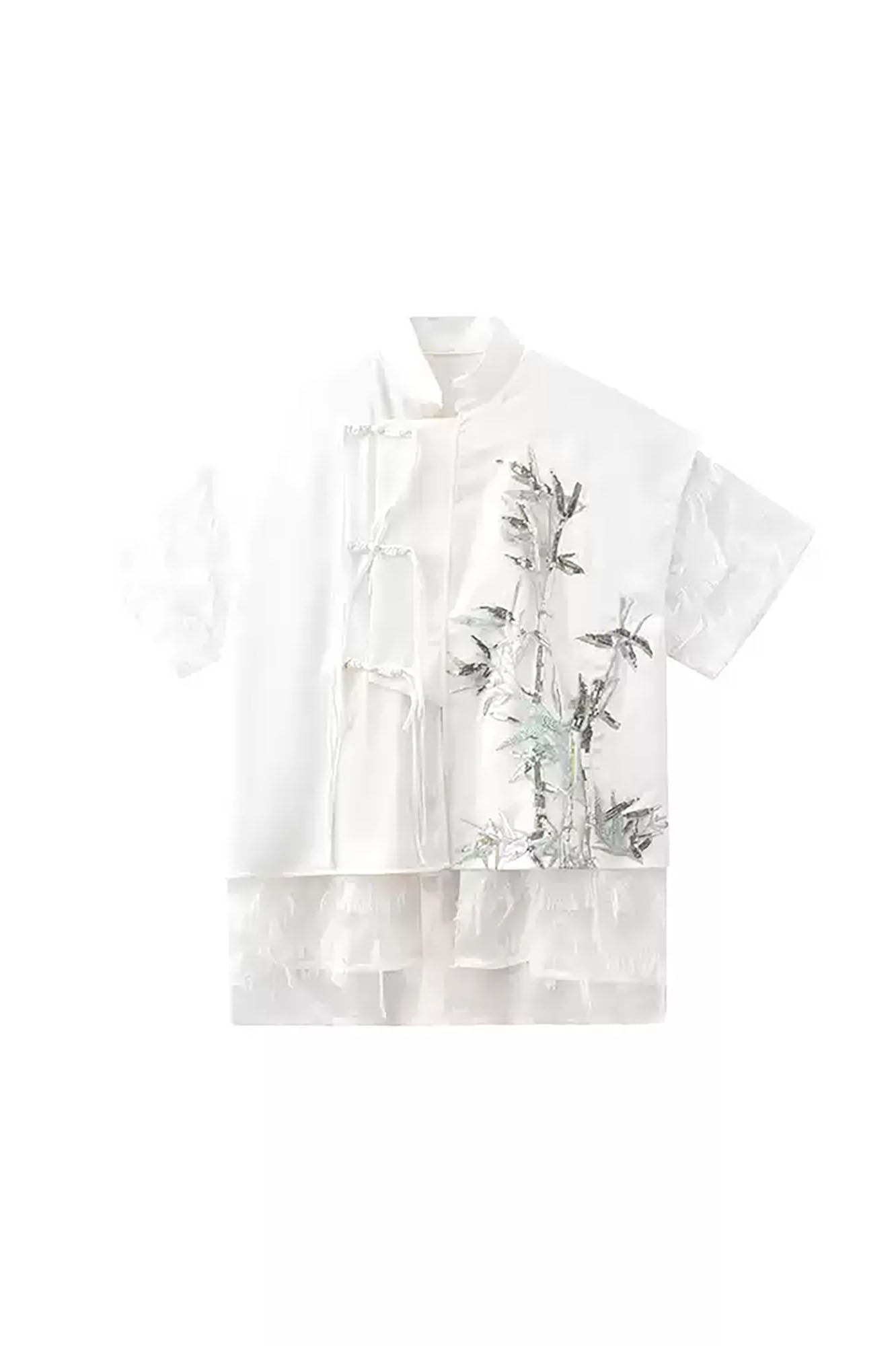 JIECHI Embroidered Bamboo Layered Mandarin Collar Half Shirt, premium urban and streetwear designers apparel on PROJECTISR.com, JIECHI