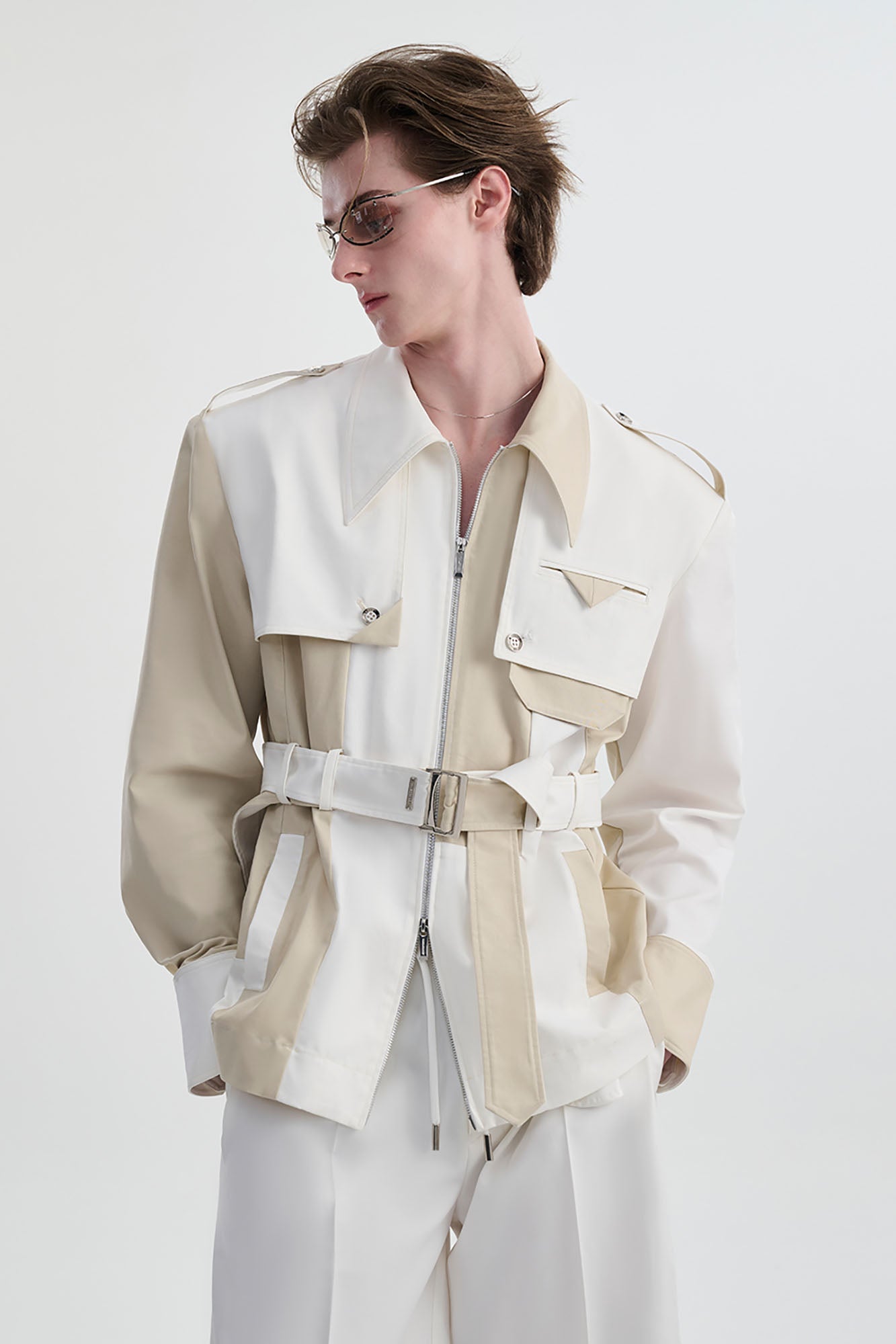 TIWILLTANG Contrast Deconstructed Belted Zip-Up Shirt