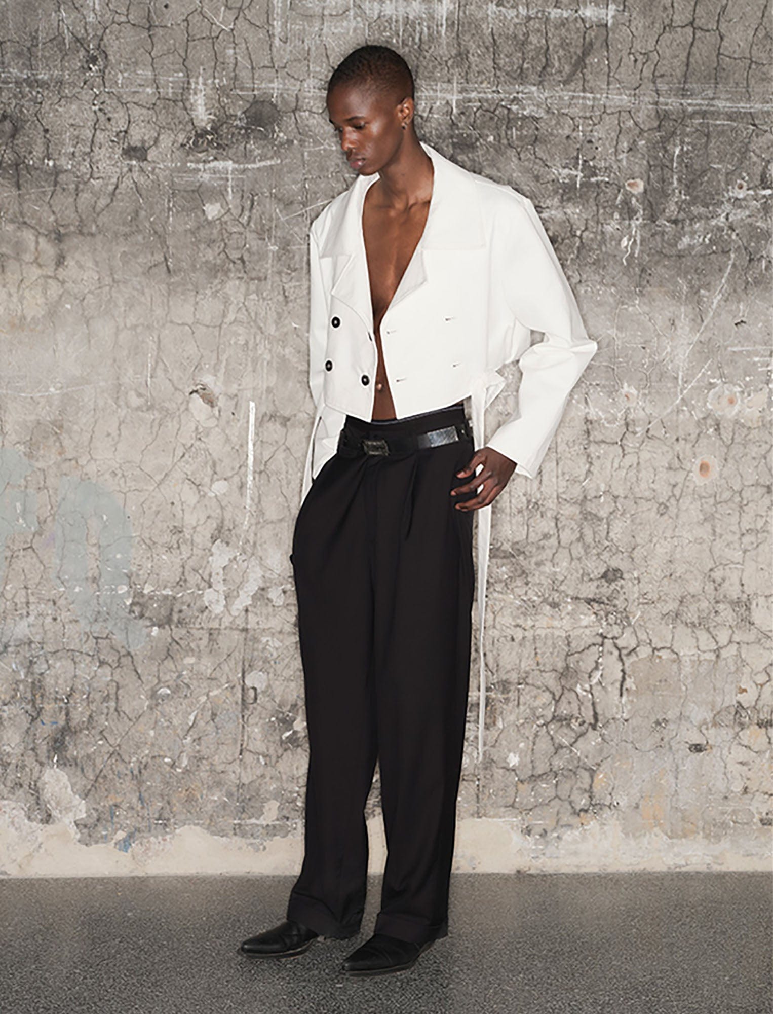 TRIANGLE PROJECT Cropped Asymmetrical Double-Breasted Cropped Jacket, premium urban and streetwear designers apparel on PROJECTISR.com, TRIANGLE PROJECT