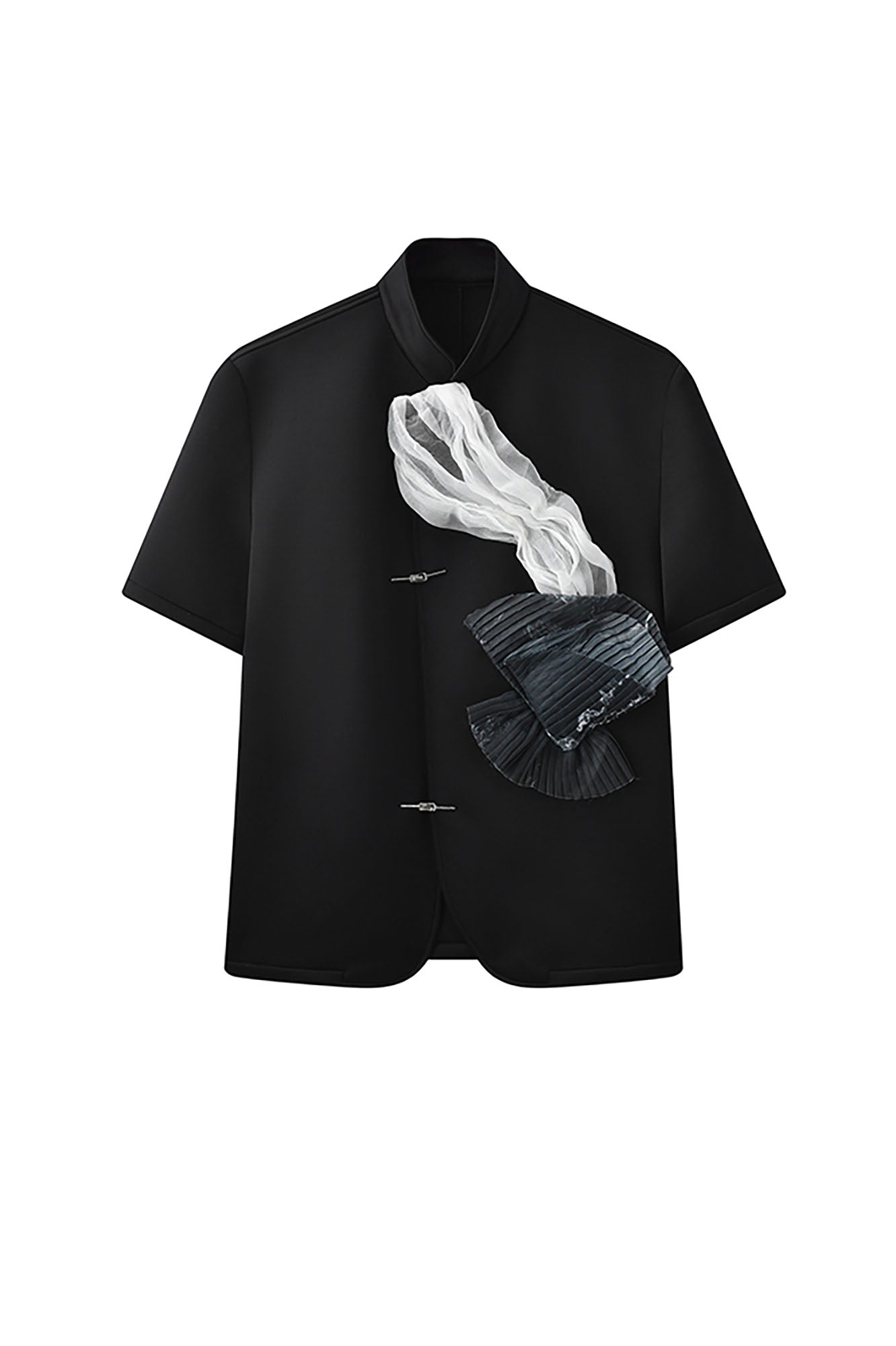 JIECHI Crinkled Tulle Layered Mandarin Collar Half Shirt, premium urban and streetwear designers apparel on PROJECTISR.com, JIECHI