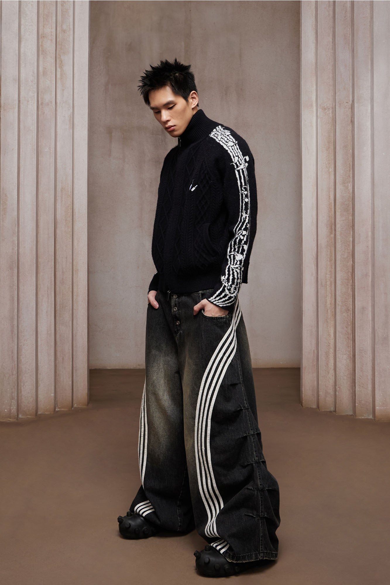 DND4DES Cable-Knit Music Stripes Zip Cardigan