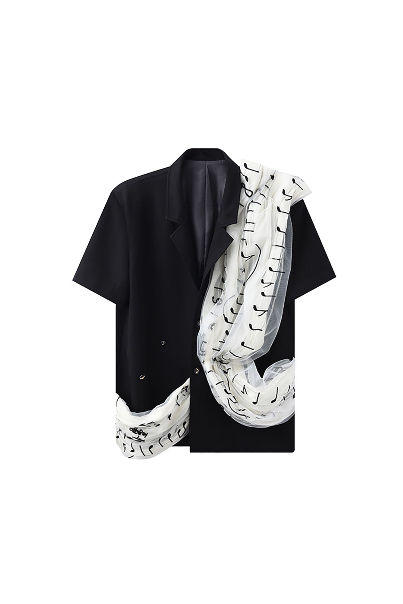 JIECHI Musical Score Layered Tulle Drape Half Shirt, premium urban and streetwear designers apparel on PROJECTISR.com, JIECHI