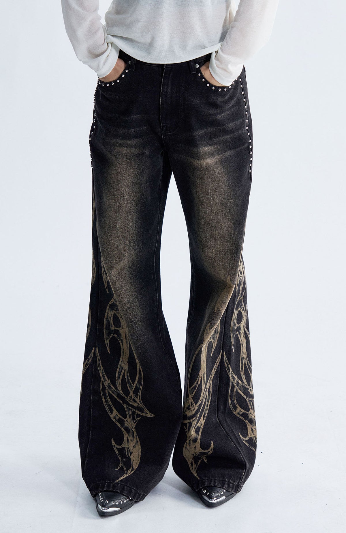 PAIKI Flame Totem Rivet Washed Straight-Leg Jeans