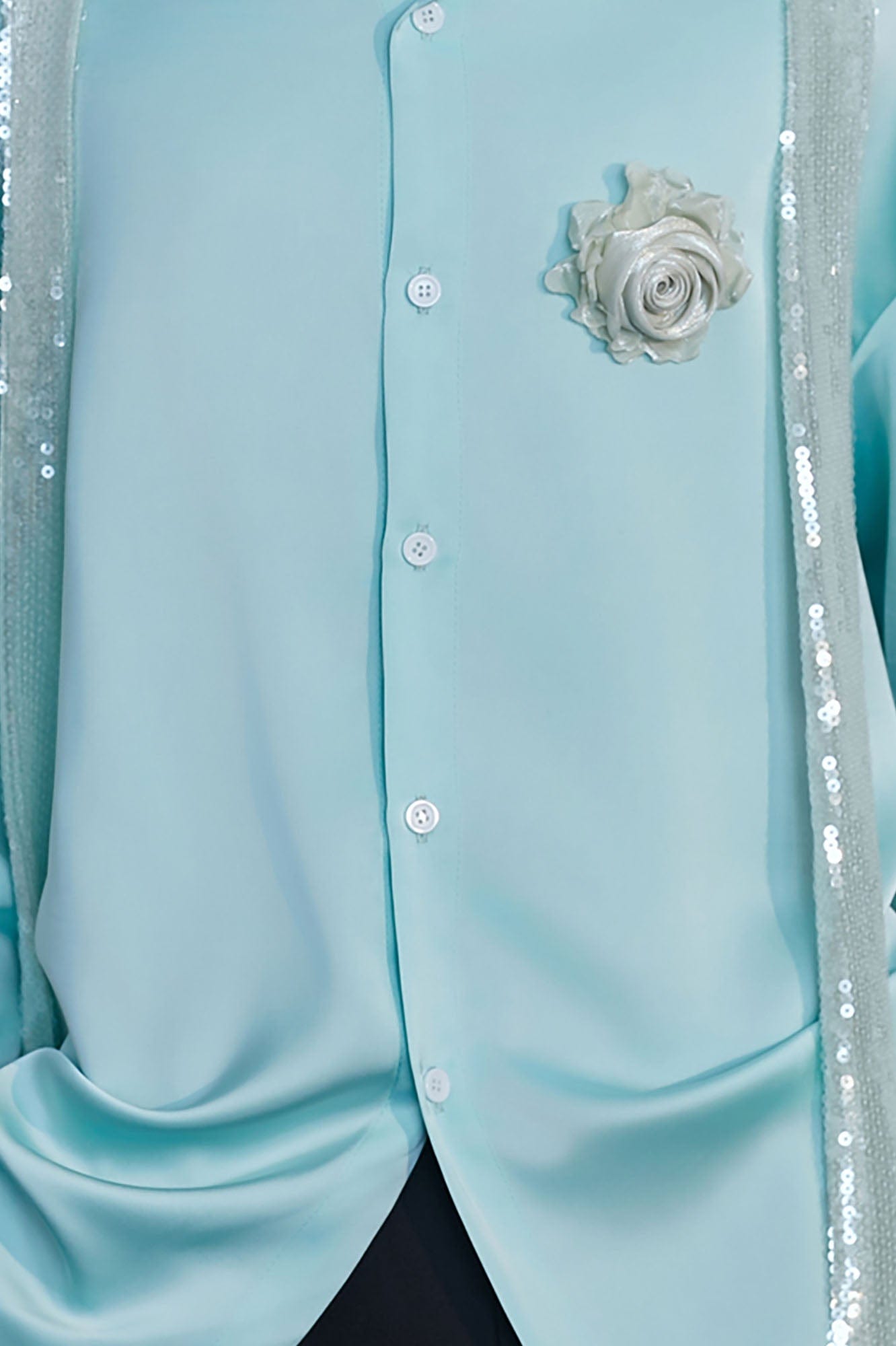 JIECHI Bloom Sequin-Draped Satin Shirt Aqua, premium urban and streetwear designers apparel on PROJECTISR.com, JIECHI