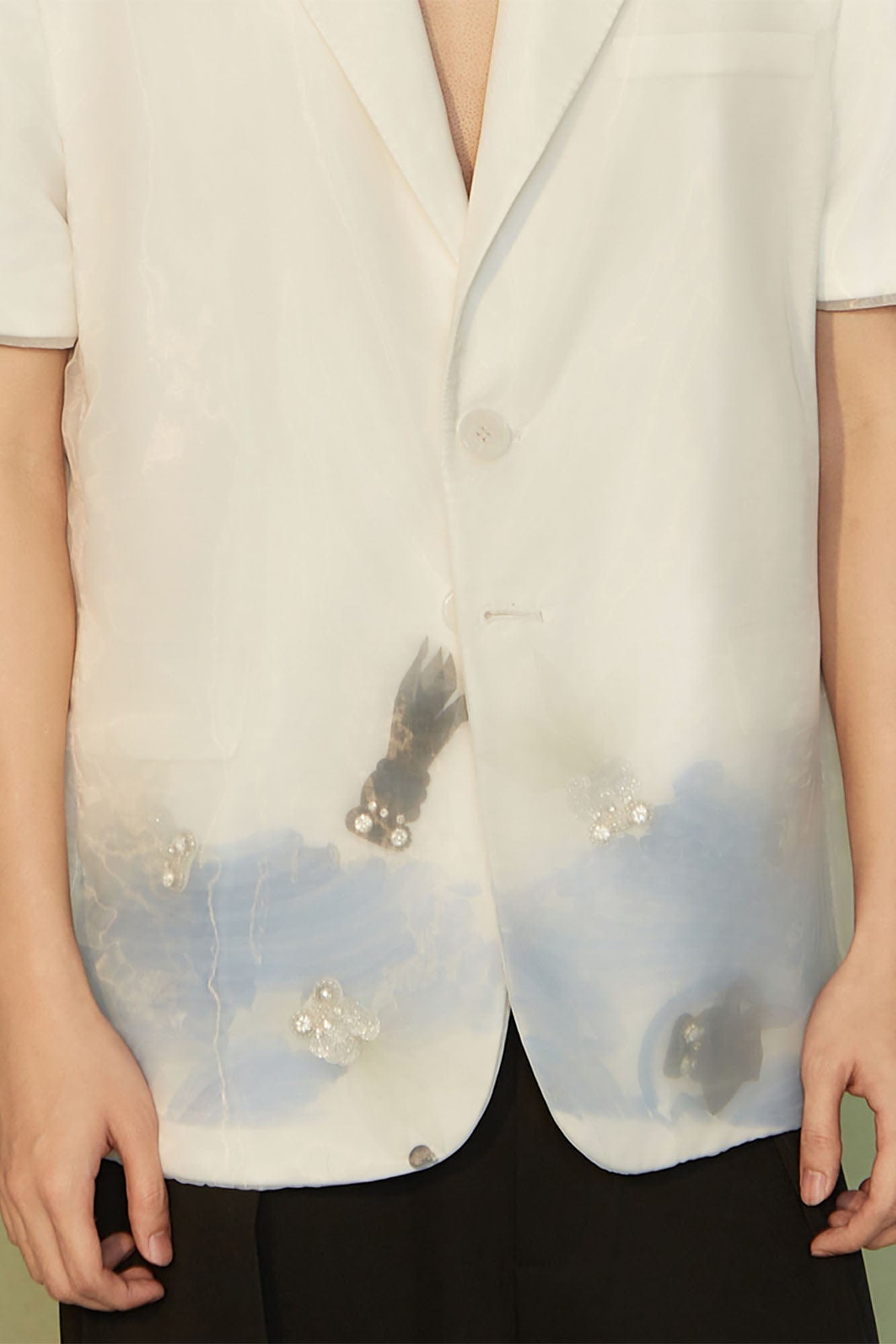 JIECHI Water-Ink Koi Embroidered Sheer Overlay Half Blazer, premium urban and streetwear designers apparel on PROJECTISR.com, JIECHI