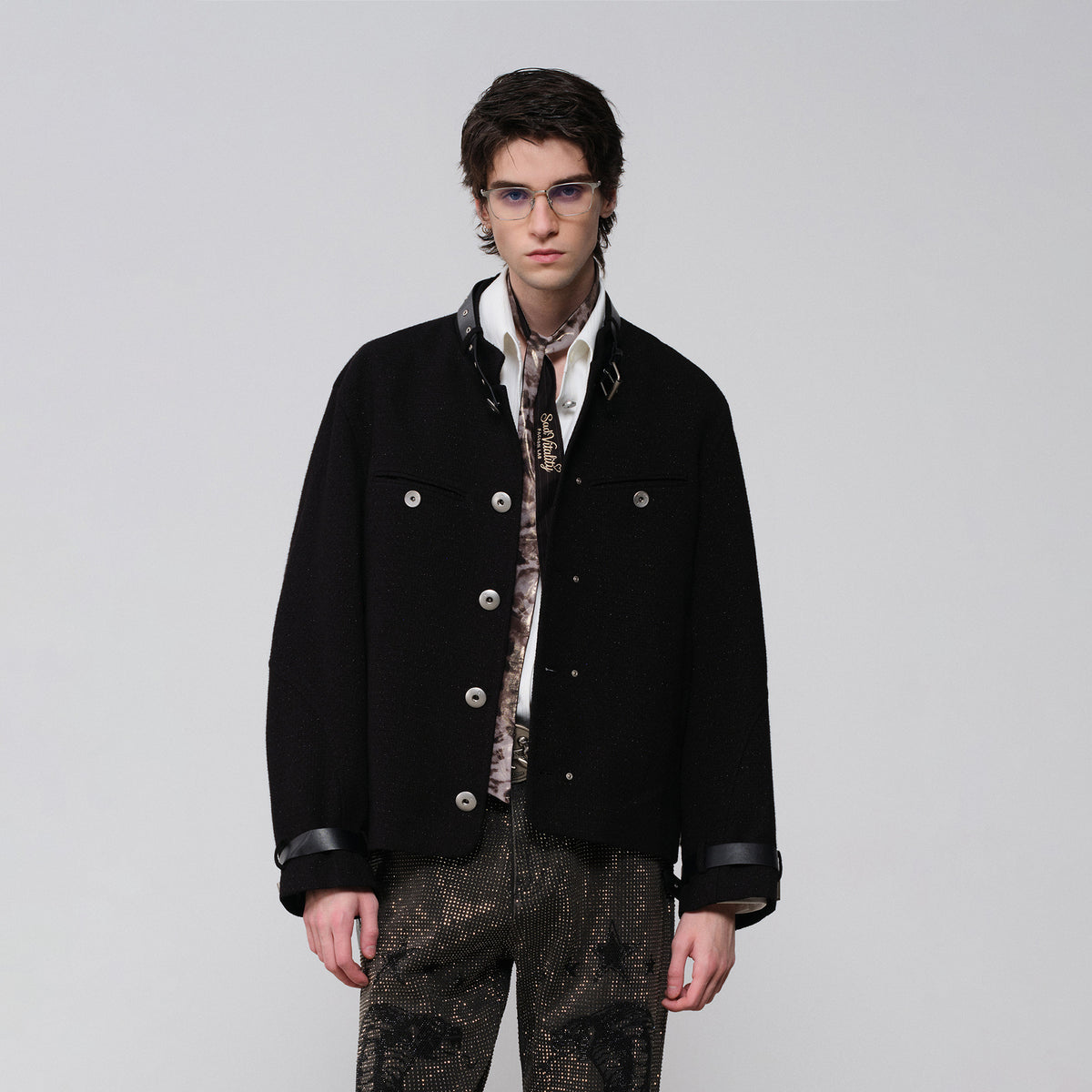 FACEONLAB Leather-Collar Medal Embellished Jacket