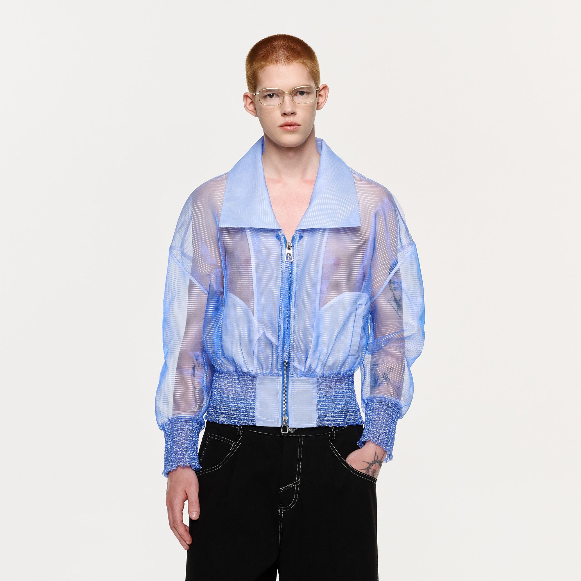 TIWILLTANG Sheer Zip-Up Cropped Jacket