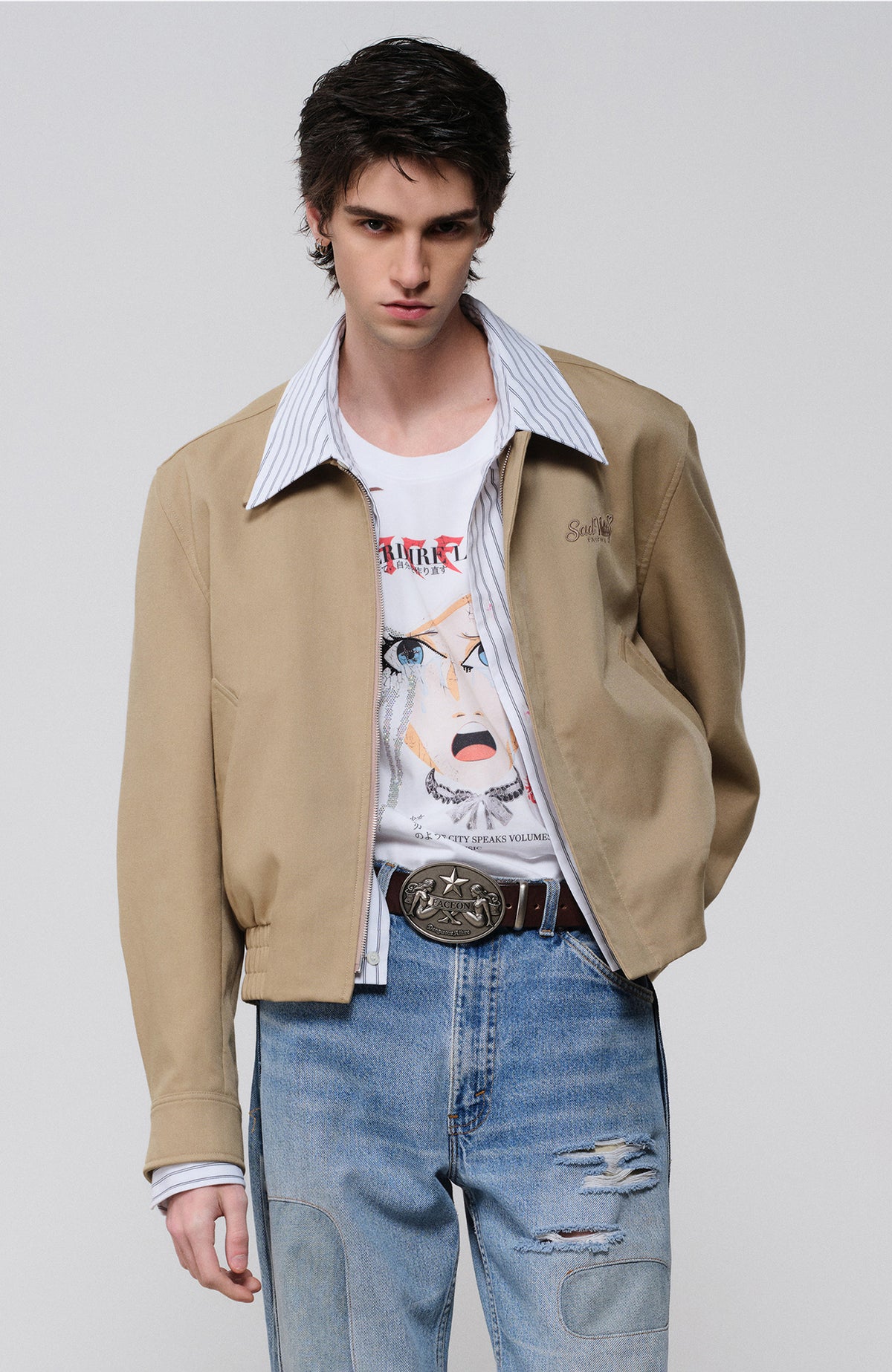FACEONLAB Embroidered Spliced Shirt Jacket