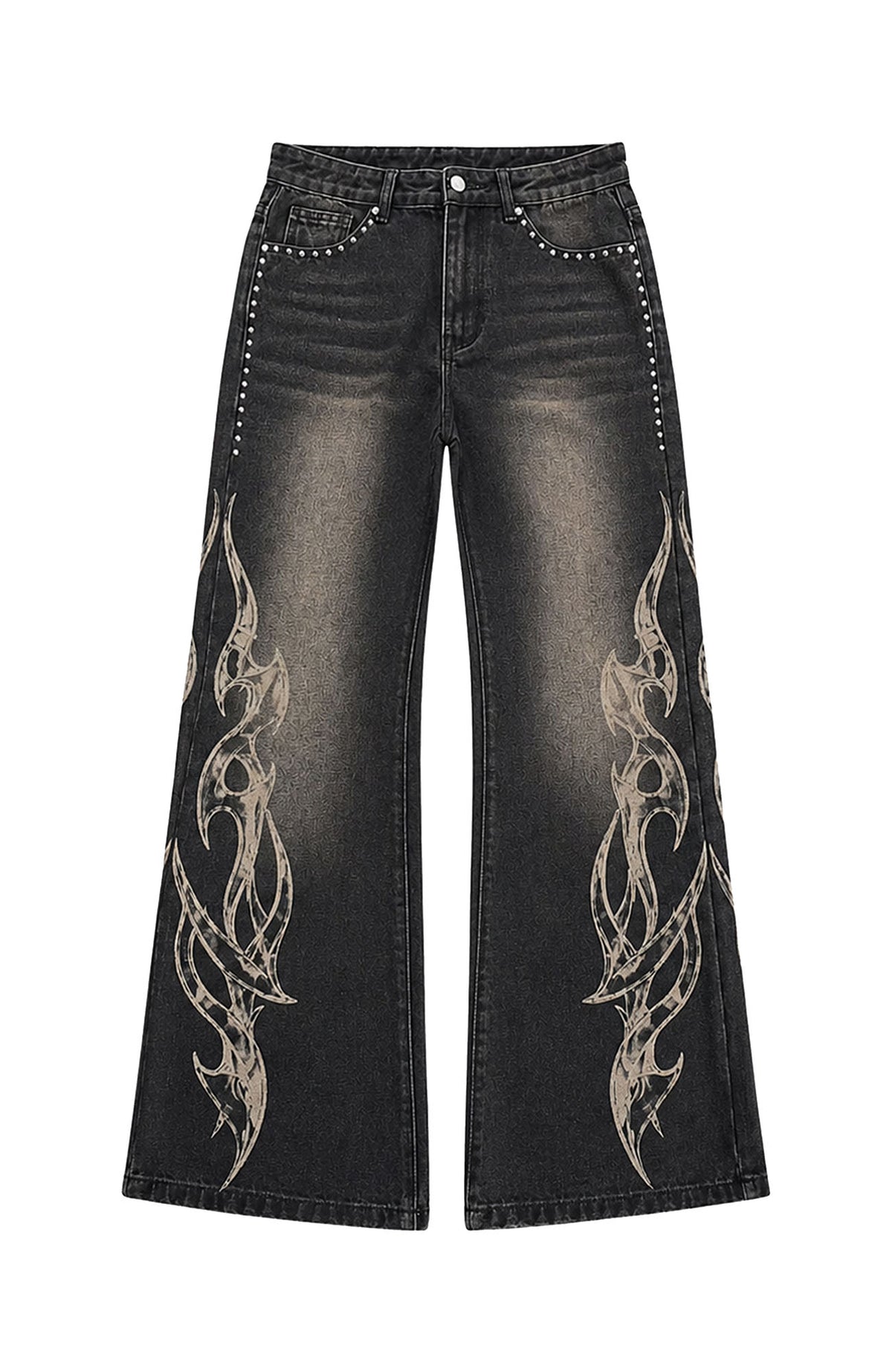 PAIKI Flame Totem Rivet Washed Straight-Leg Jeans