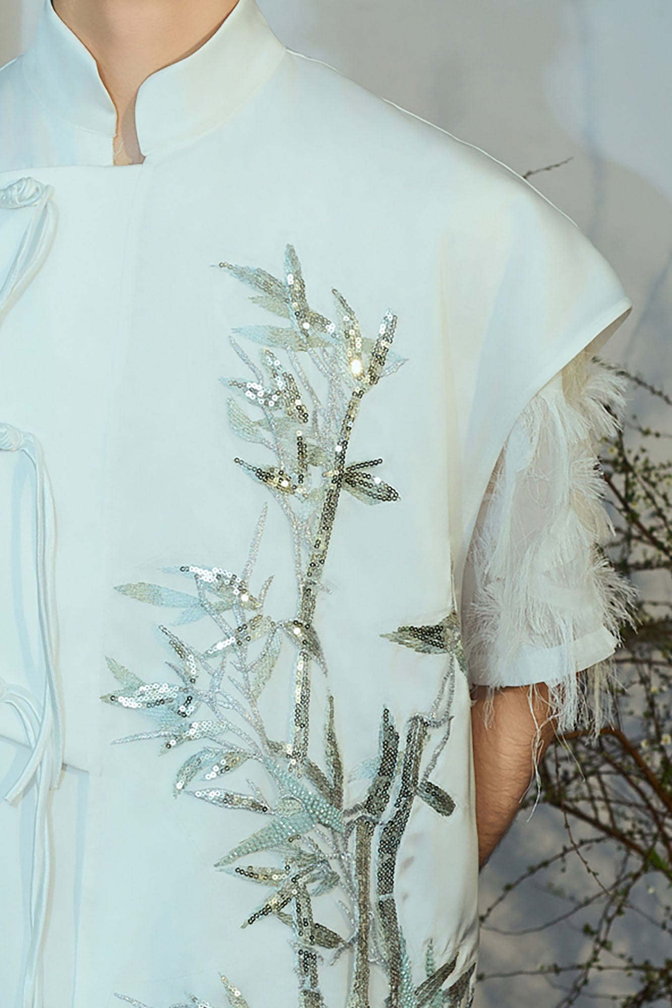JIECHI Embroidered Bamboo Layered Mandarin Collar Half Shirt, premium urban and streetwear designers apparel on PROJECTISR.com, JIECHI