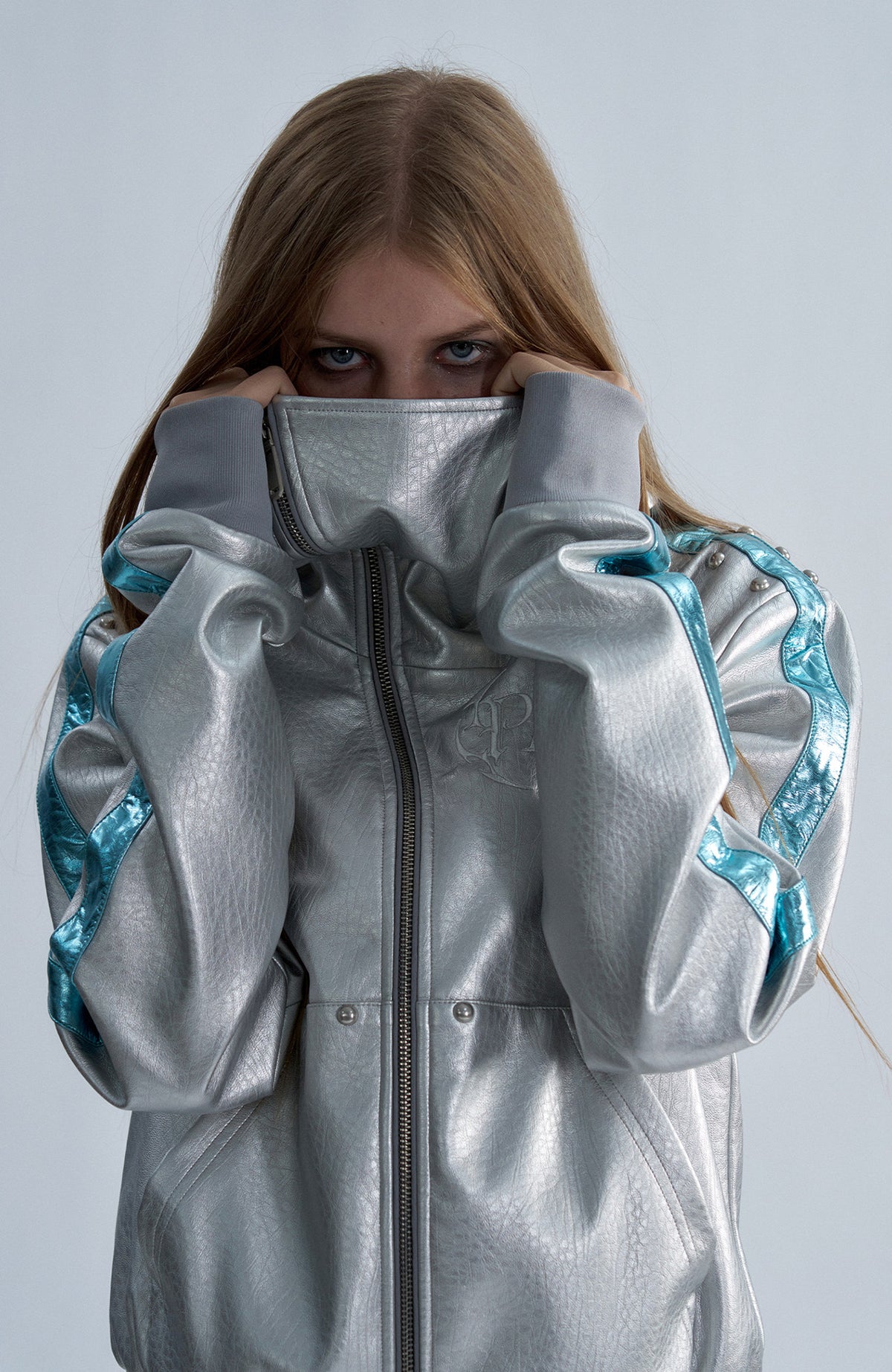 PAIKI Embroidered Studded Zip-Up Hooded Faux Leather Jacket