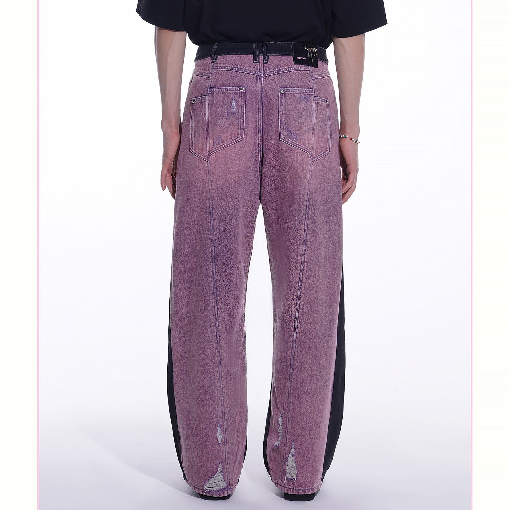 TIWILLTANG Distressed Contrast Paneled Wide-Leg Jeans, premium urban and streetwear designers apparel on PROJECTISR.com, TIWILLTANG