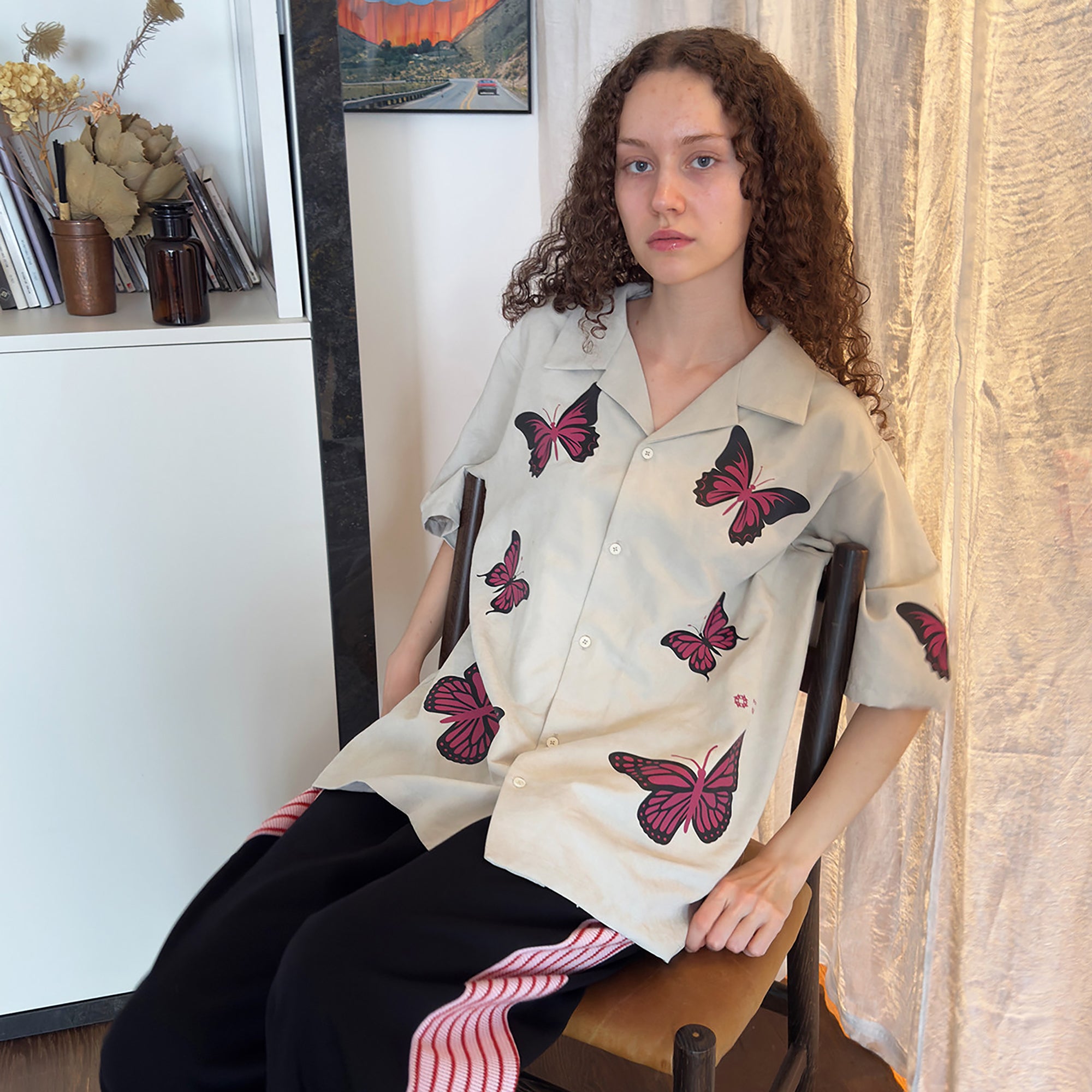 MIICHOUS Butterfly Graphic Satin Half Shirt, premium urban and streetwear designers apparel on PROJECTISR.com, MIICHOUS