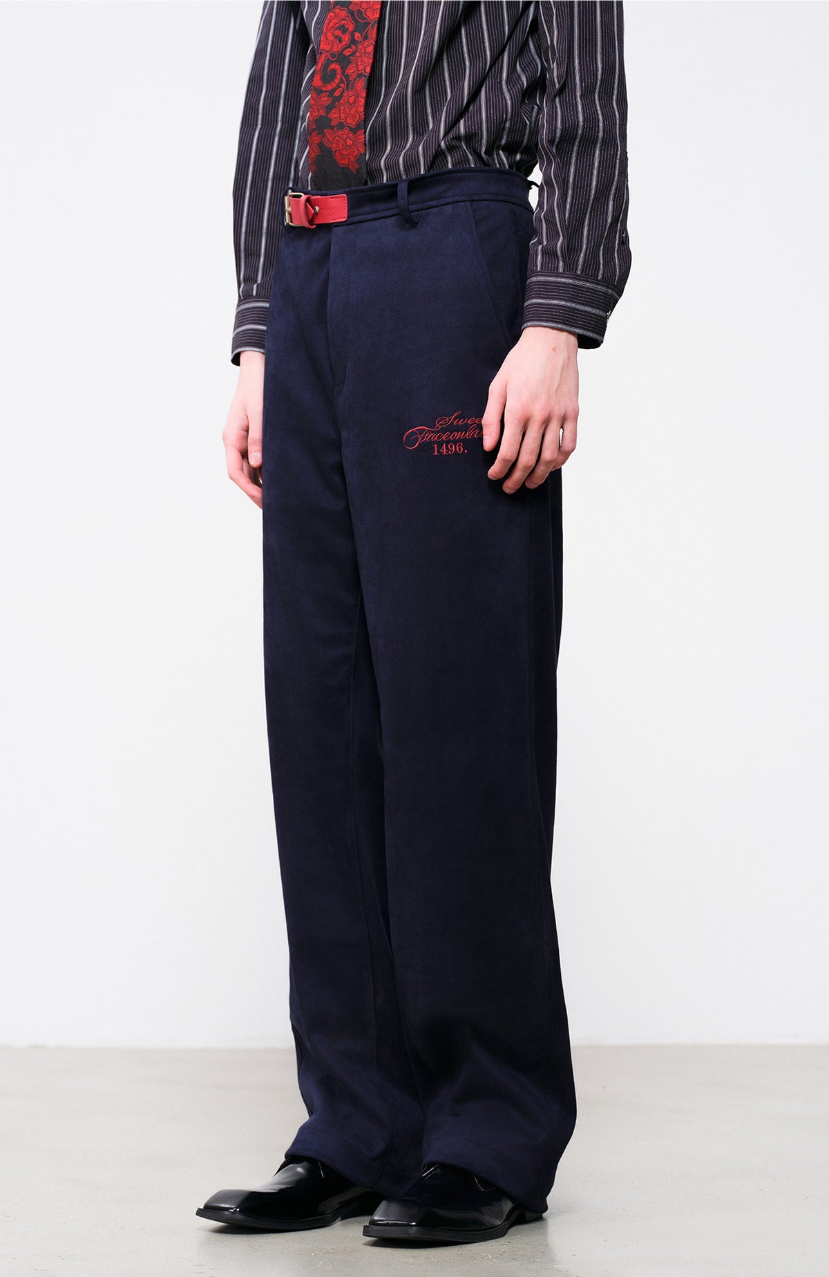 FACEONLAB Embroidered Straight-Leg Faux Leather Pants