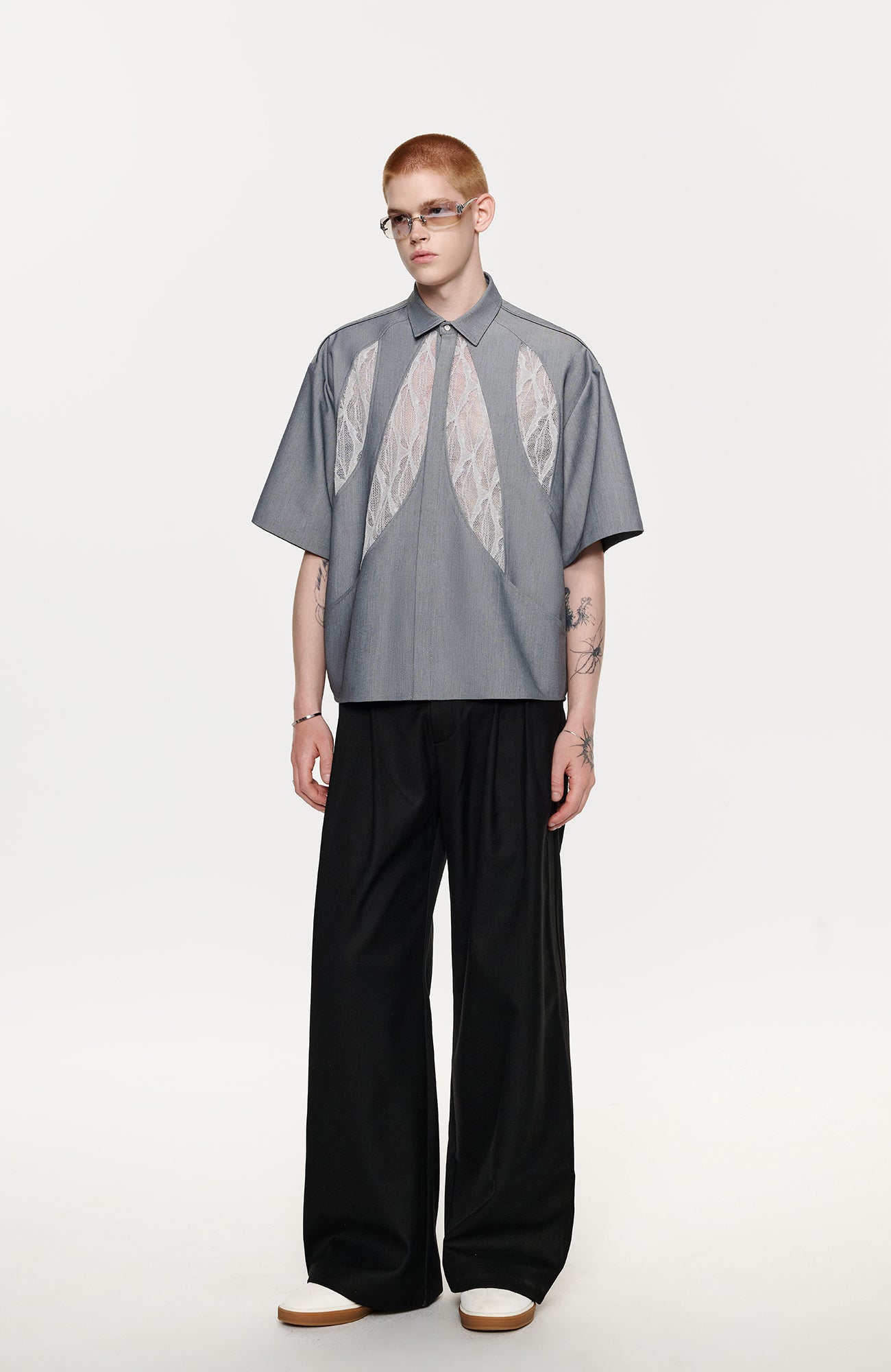 TIWILLTANG Leaf Lace Paneled Half Shirt