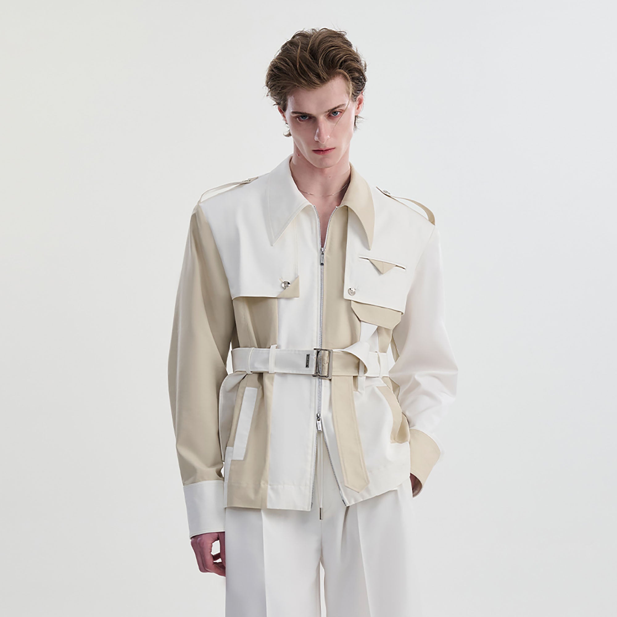 TIWILLTANG Contrast Deconstructed Belted Zip-Up Shirt