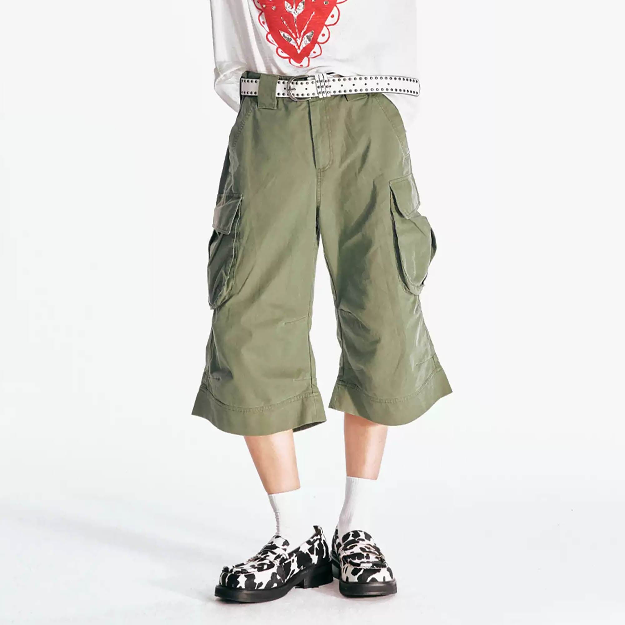 1997 POSTOFFICE Flare Hem Cargo Shorts, premium urban and streetwear designers apparel on PROJECTISR.com, 1997 POSTOFFICE