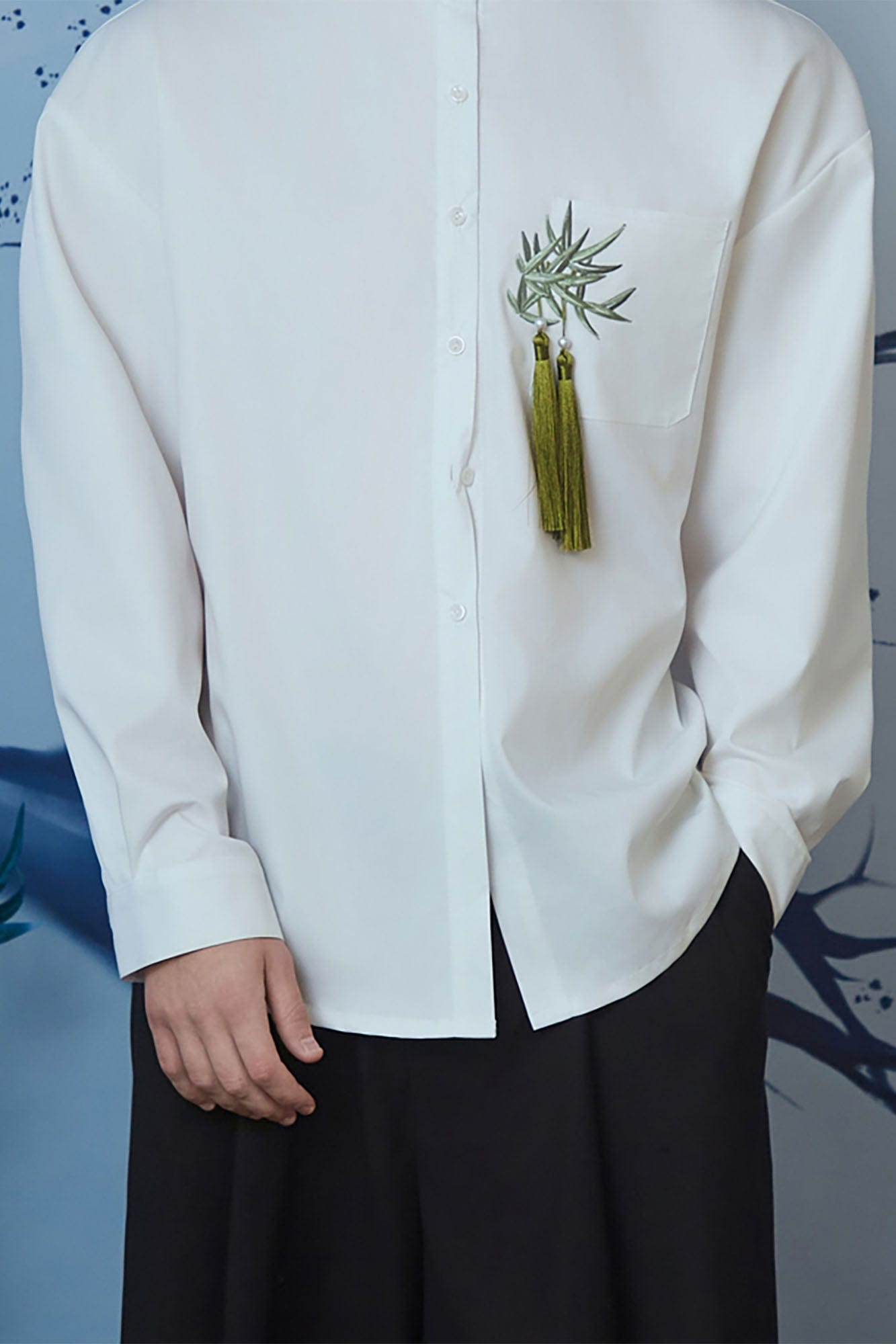JIECHI Bamboo Tassel Embroidered Mandarin Shirt, premium urban and streetwear designers apparel on PROJECTISR.com, JIECHI