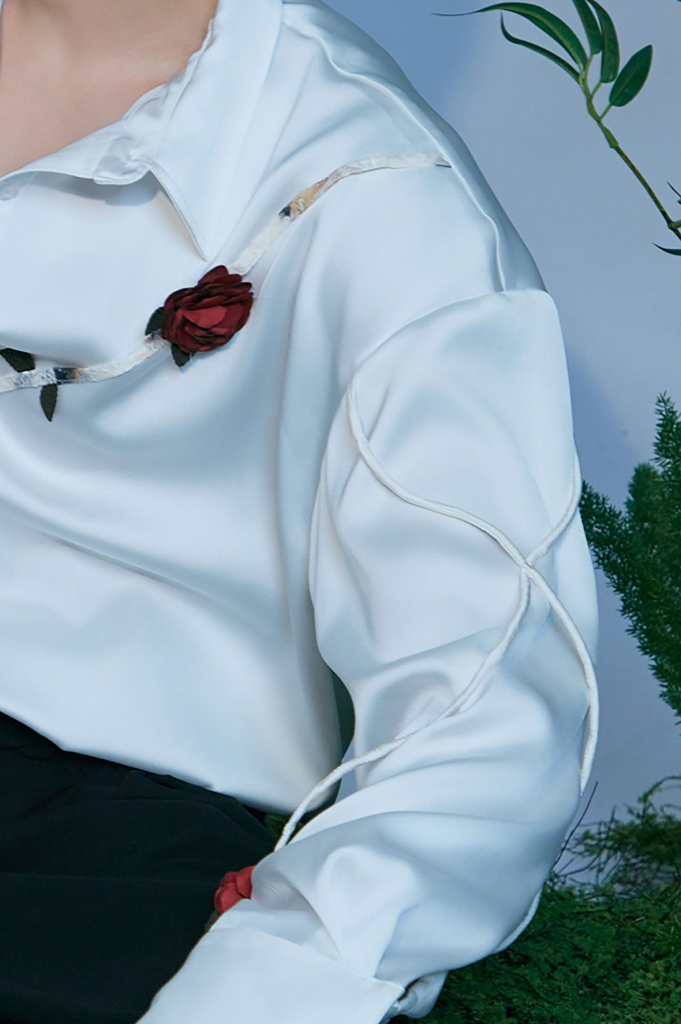 JIECHI Rose Embellished Acetate Spliced Shirt, premium urban and streetwear designers apparel on PROJECTISR.com, JIECHI