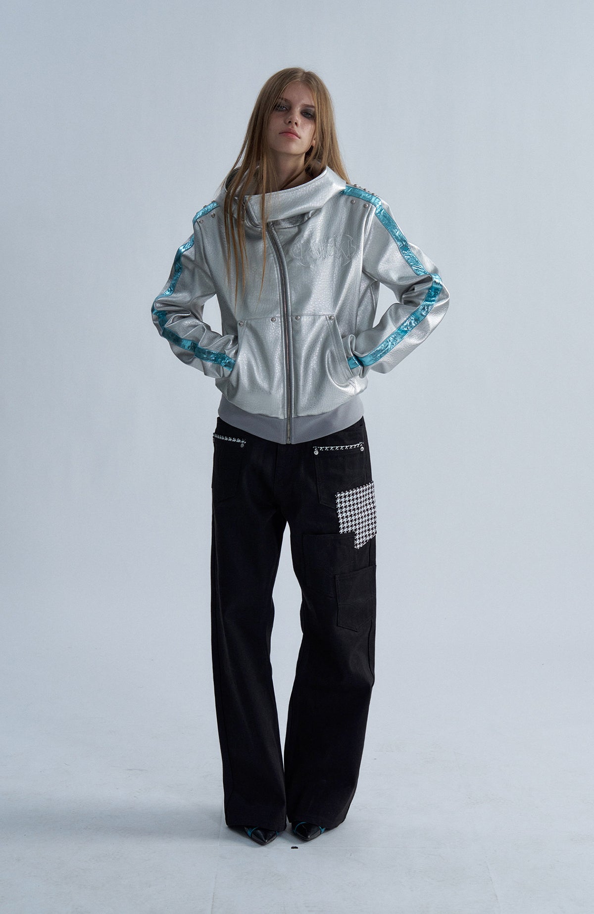PAIKI Embroidered Studded Zip-Up Hooded Faux Leather Jacket