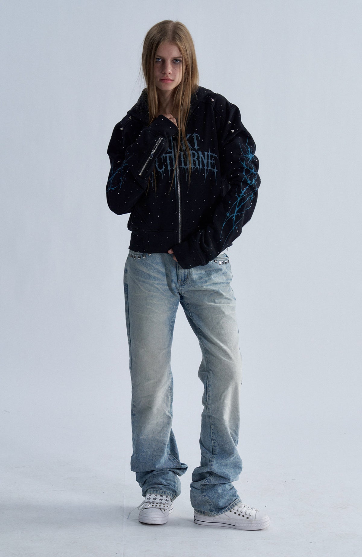 PAIKI Studded Rhinestone Zip-Up Hoodie
